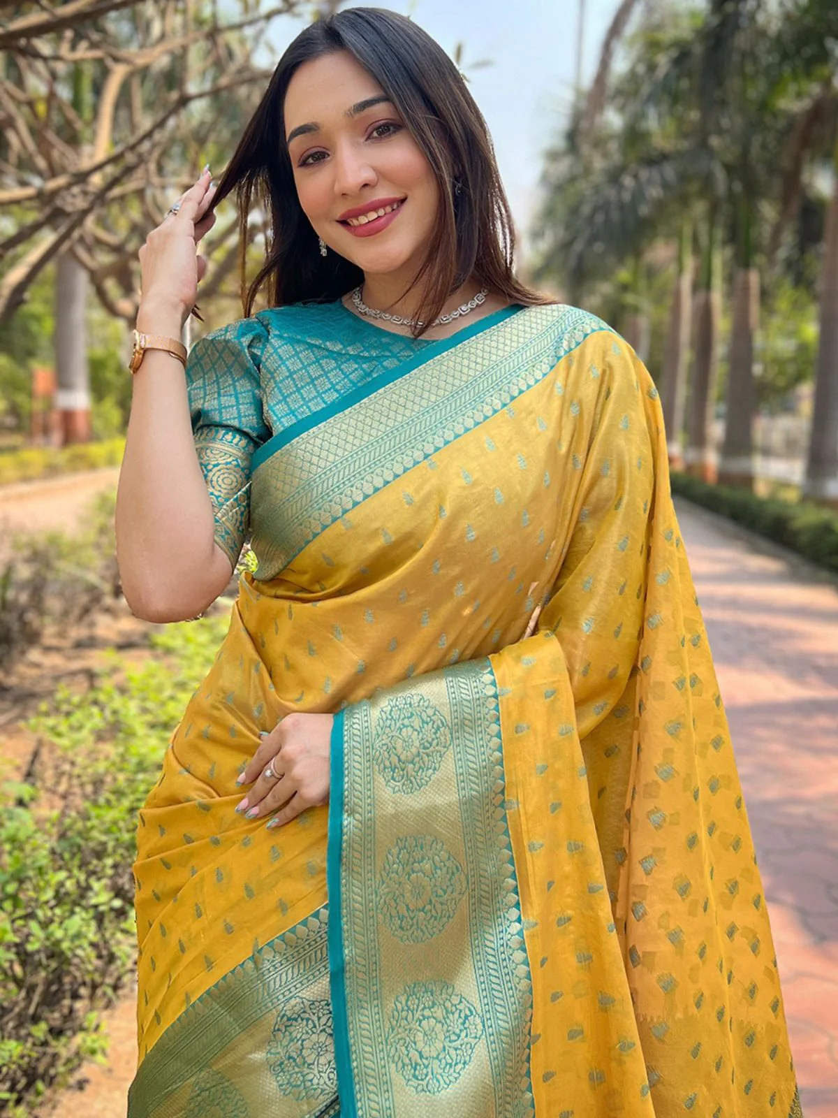 Odette Mustard Woven Design Tissue Silk Saree With Unstitched Blouse For Women - Image 3