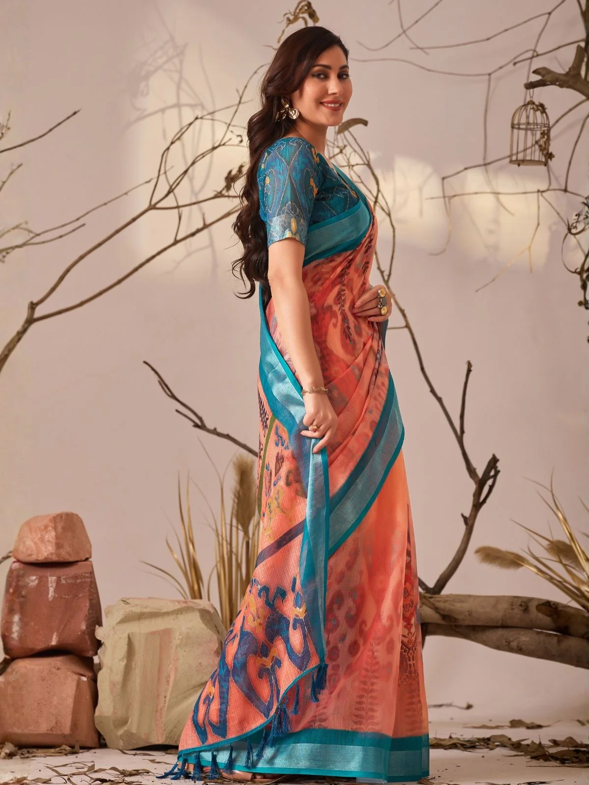 Odette Mutlicolor Linen Cotton Printed Saree For Women - Image 2