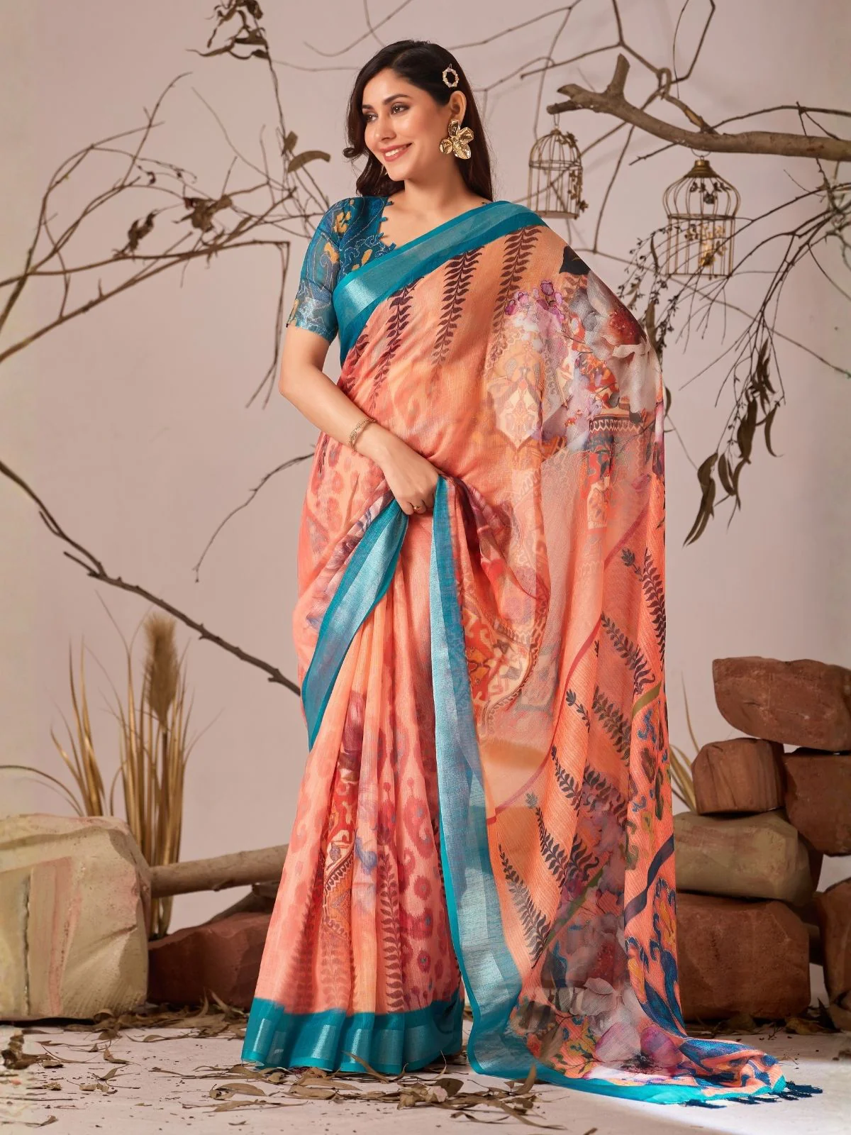 Odette Mutlicolor Linen Cotton Printed Saree For Women - Image 3