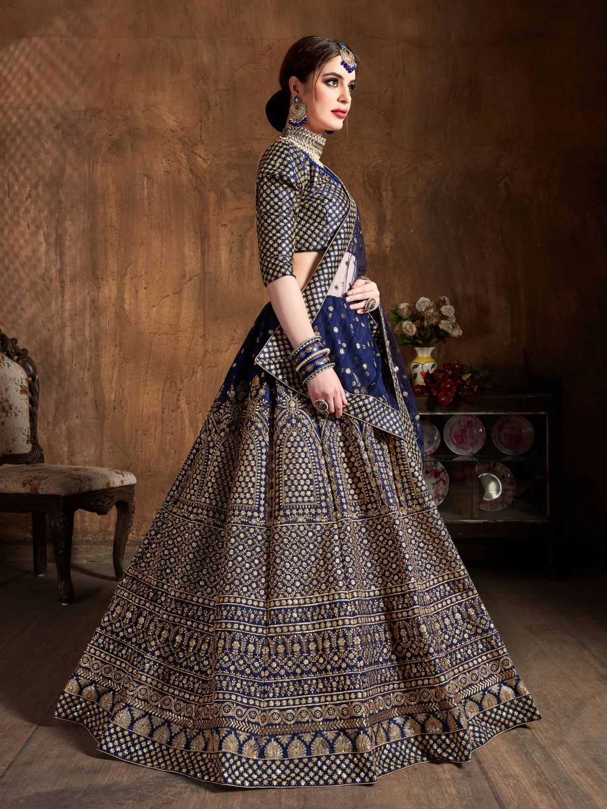 Odette Navy Blue And Gold Silk Blend Embroidered Semi Stitched Lehenga With Blouse For Women - Image 2