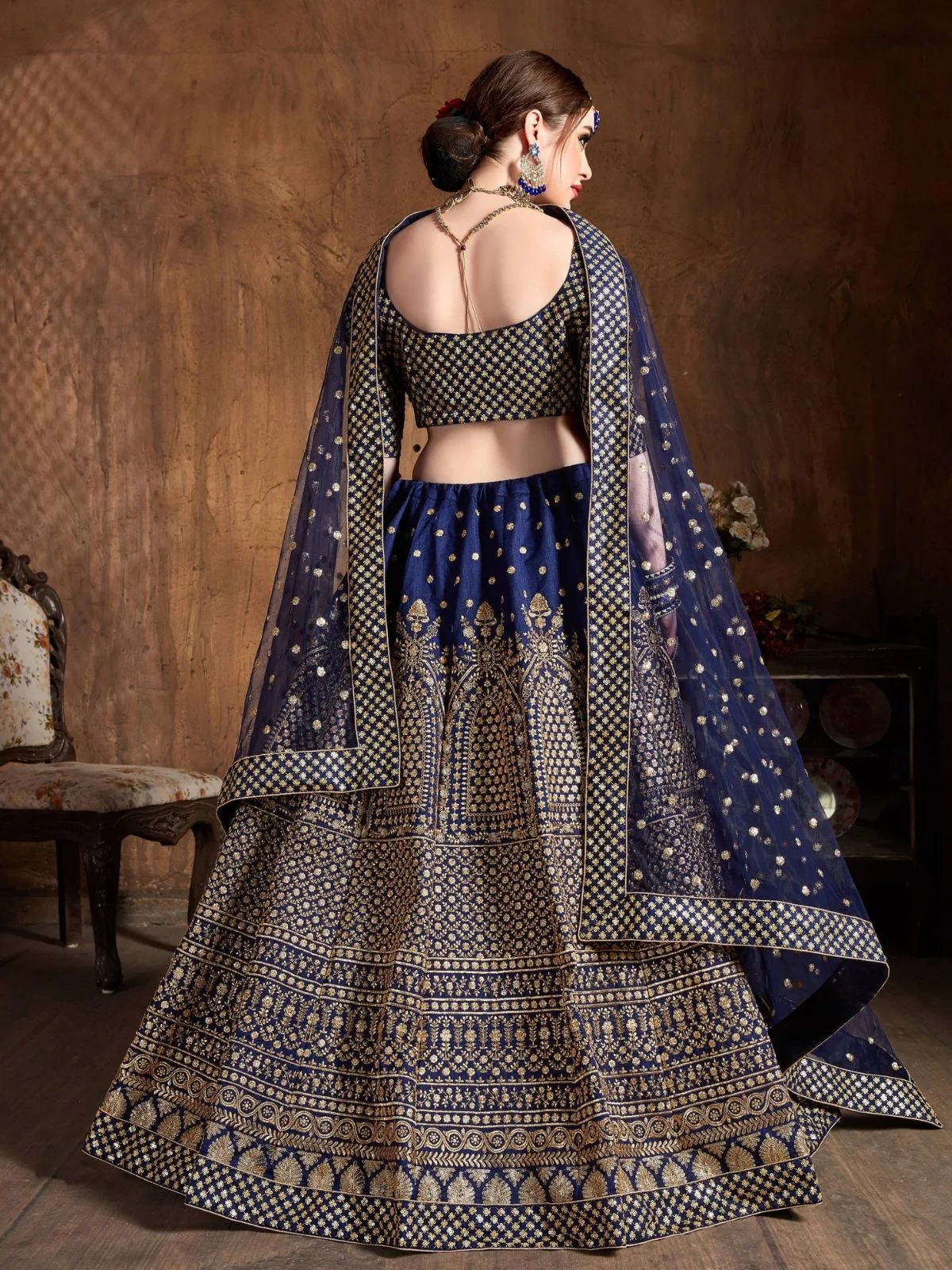 Odette Navy Blue And Gold Silk Blend Embroidered Semi Stitched Lehenga With Blouse For Women - Image 3