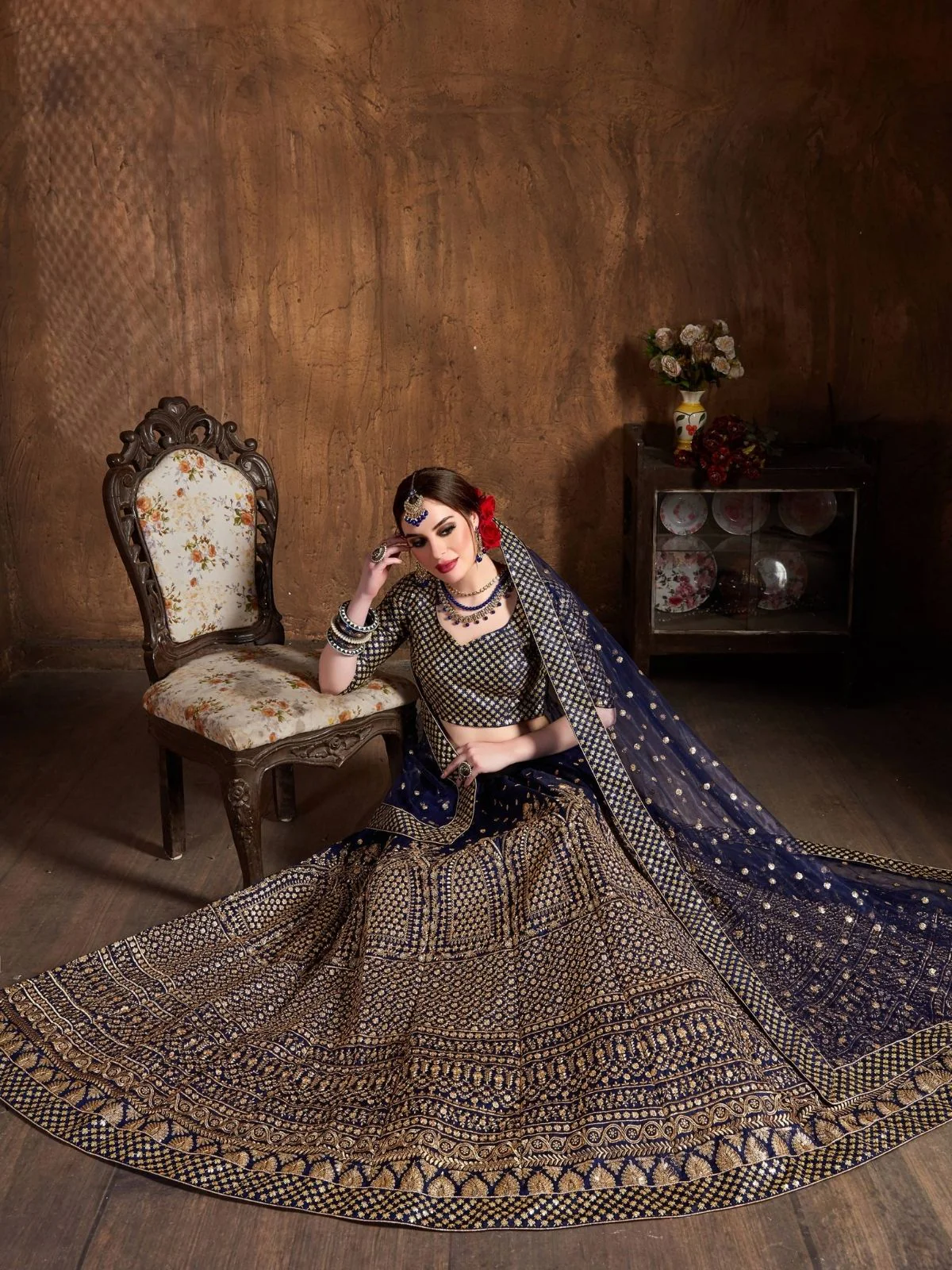 Odette Navy Blue And Gold Silk Blend Embroidered Semi Stitched Lehenga With Blouse For Women - Image 4