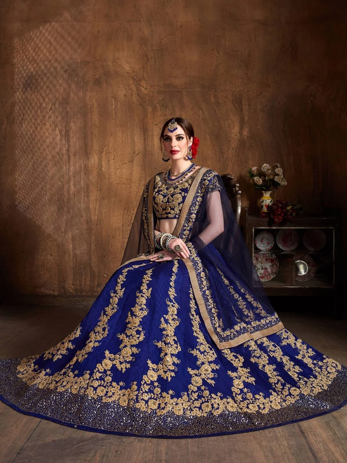 Odette Navy Blue And Gold Silk Blend Embroidered Semi Stitched Lehenga With Blouse For Women - Image 2
