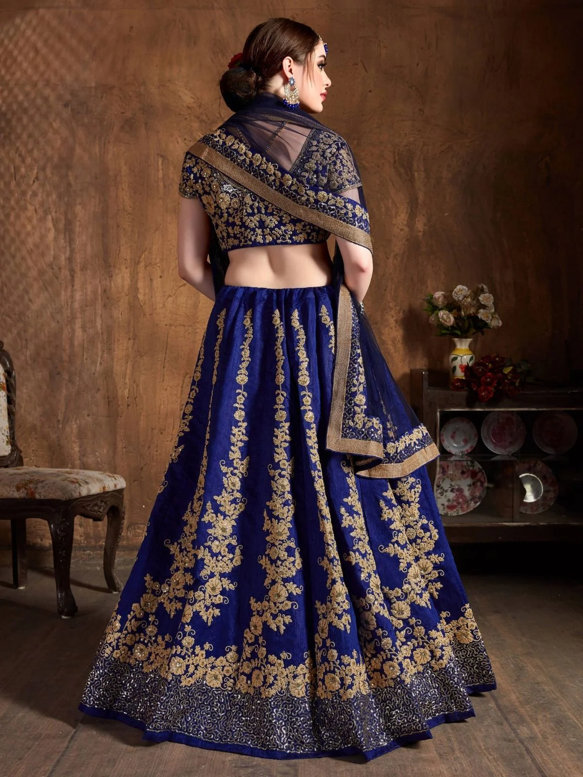 Odette Navy Blue And Gold Silk Blend Embroidered Semi Stitched Lehenga With Blouse For Women - Image 4