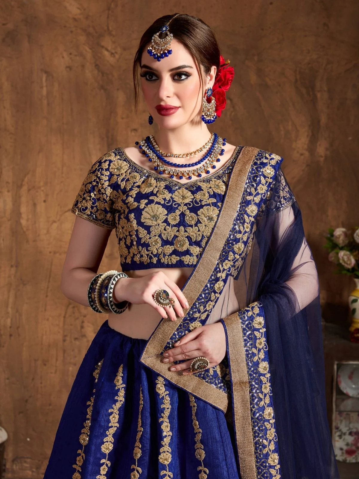 Odette Navy Blue And Gold Silk Blend Embroidered Semi Stitched Lehenga With Blouse For Women - Image 5