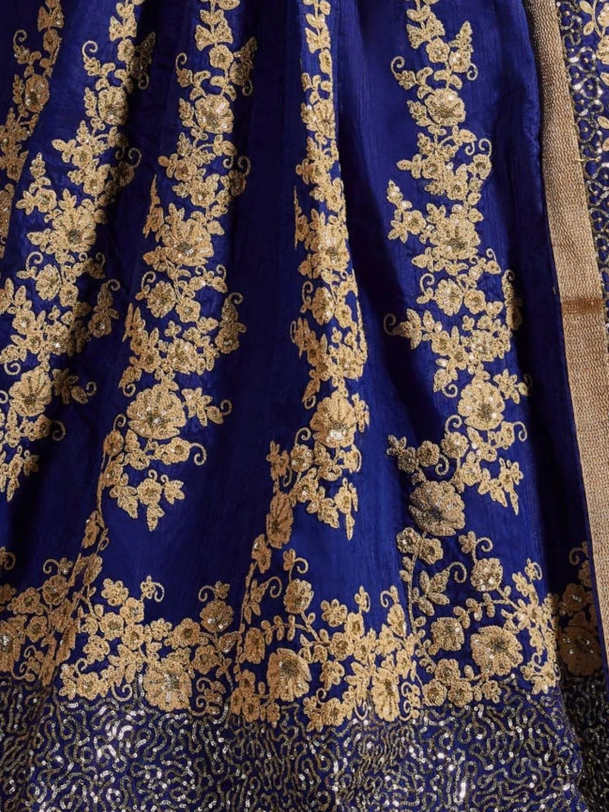 Odette Navy Blue And Gold Silk Blend Embroidered Semi Stitched Lehenga With Blouse For Women - Image 6