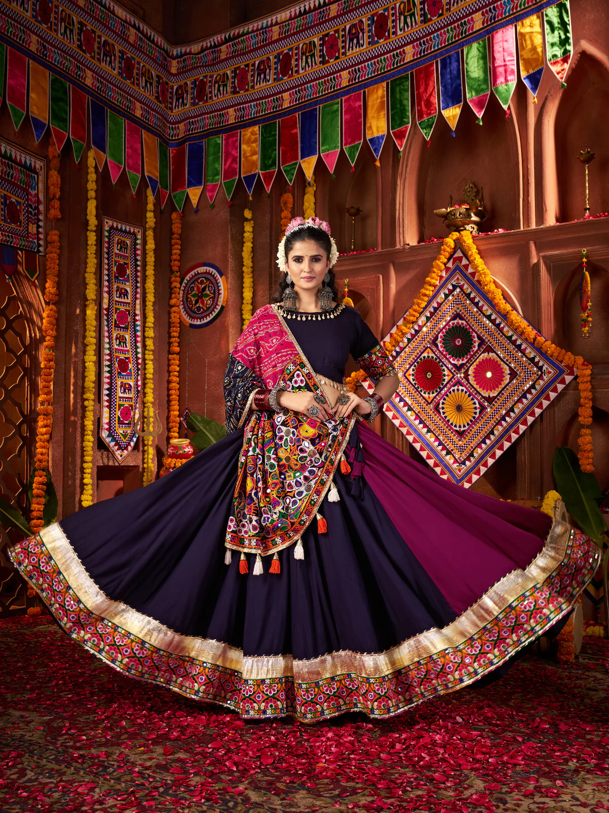 Odette Navy Blue And Magenta Cotton Blend Embroidered Semi-Stitched lehenga For Women - Image 3