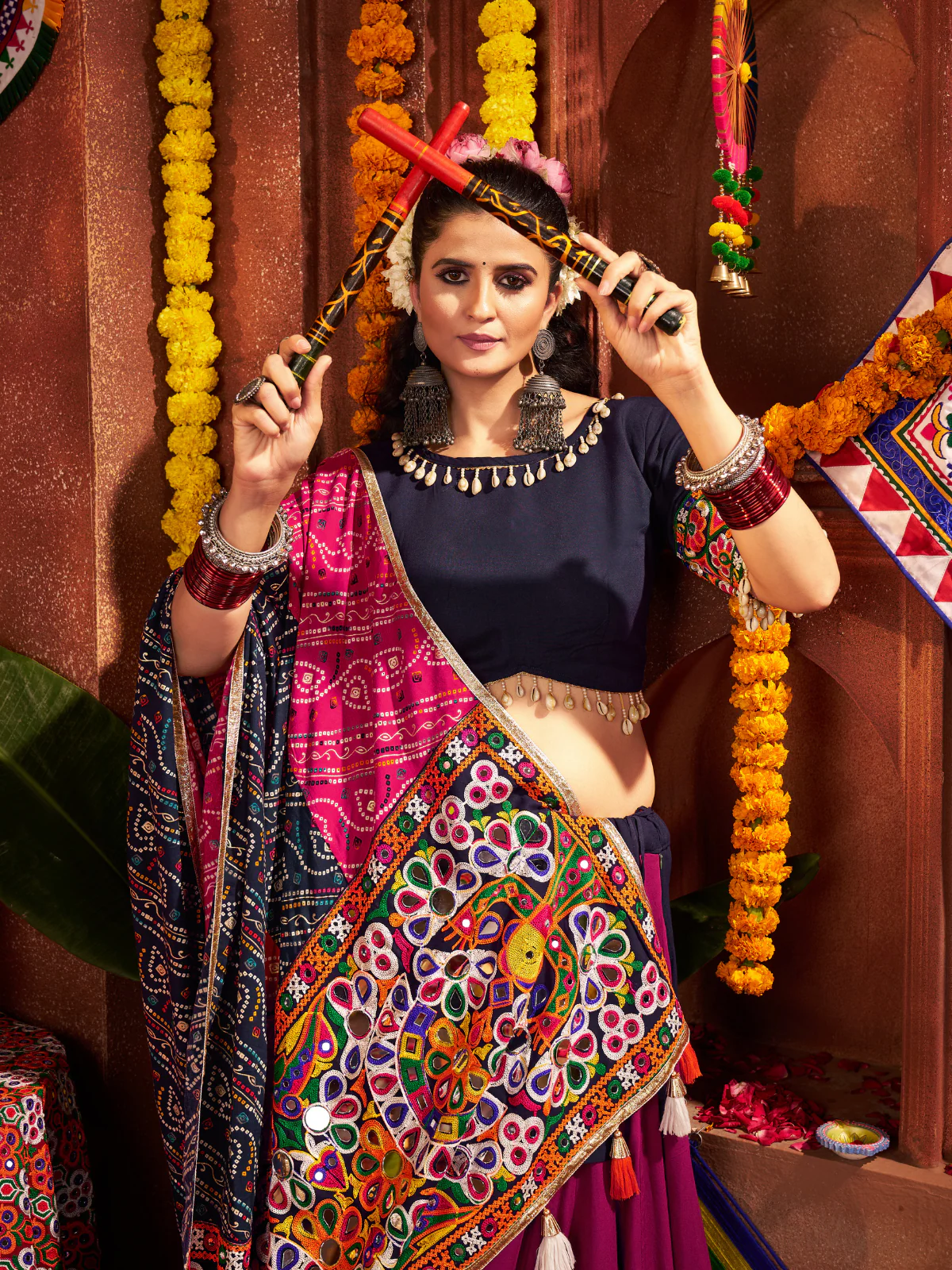Odette Navy Blue And Magenta Cotton Blend Embroidered Semi-Stitched lehenga For Women - Image 4