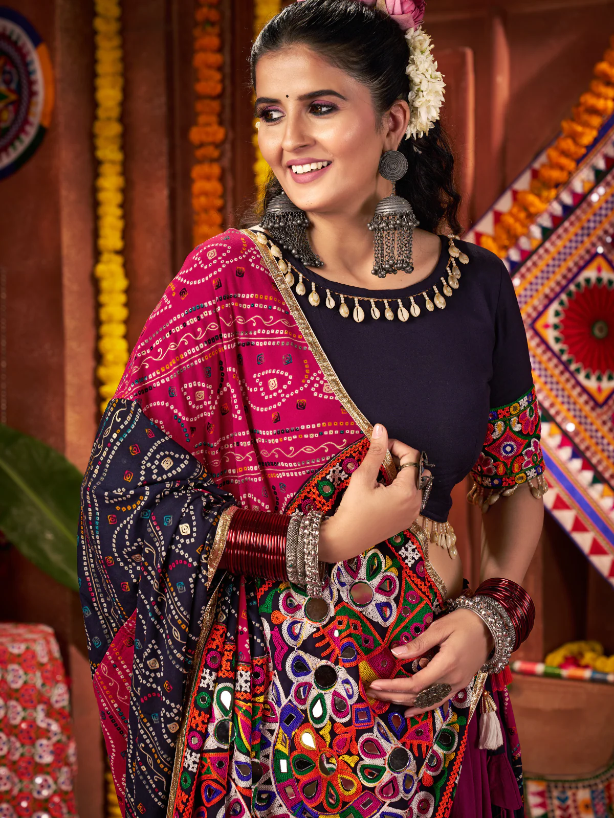Odette Navy Blue And Magenta Cotton Blend Embroidered Semi-Stitched lehenga For Women - Image 5