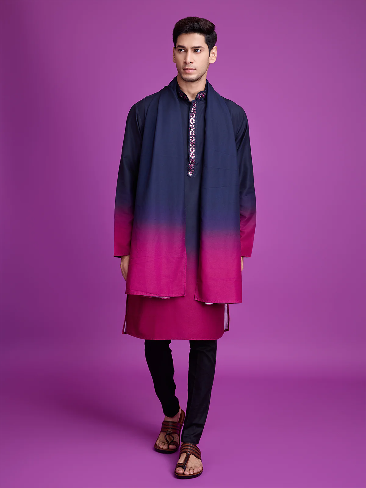 Odette Navy Blue And Pink Ombre Rayon Kurta With Dupatta For Men - Image 2