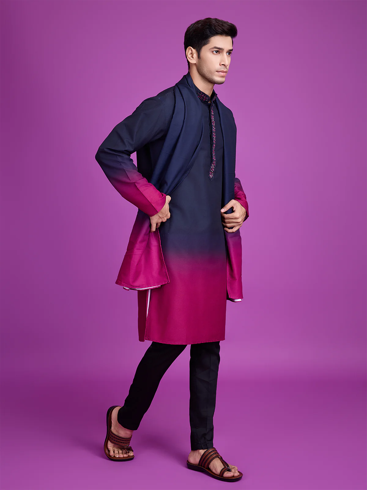 Odette Navy Blue And Pink Ombre Rayon Kurta With Dupatta For Men - Image 3