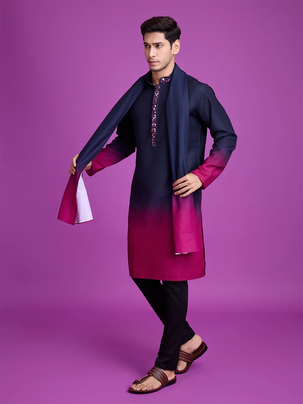 Odette Navy Blue And Pink Ombre Rayon Kurta With Dupatta For Men - Image 4