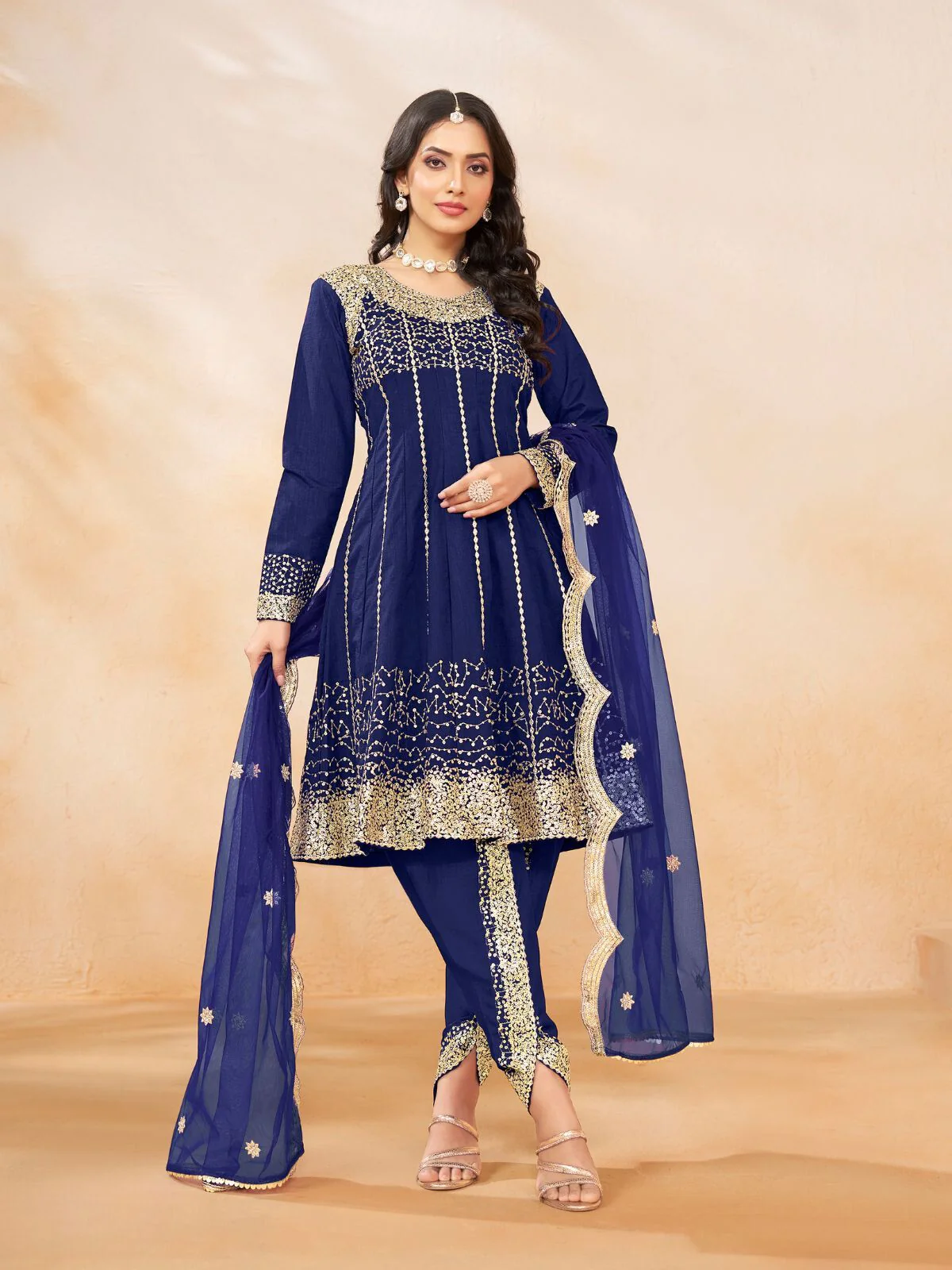 Odette Navy Blue Art Silk Embellished Semi Stitched Kurta Set For Women - Image 2