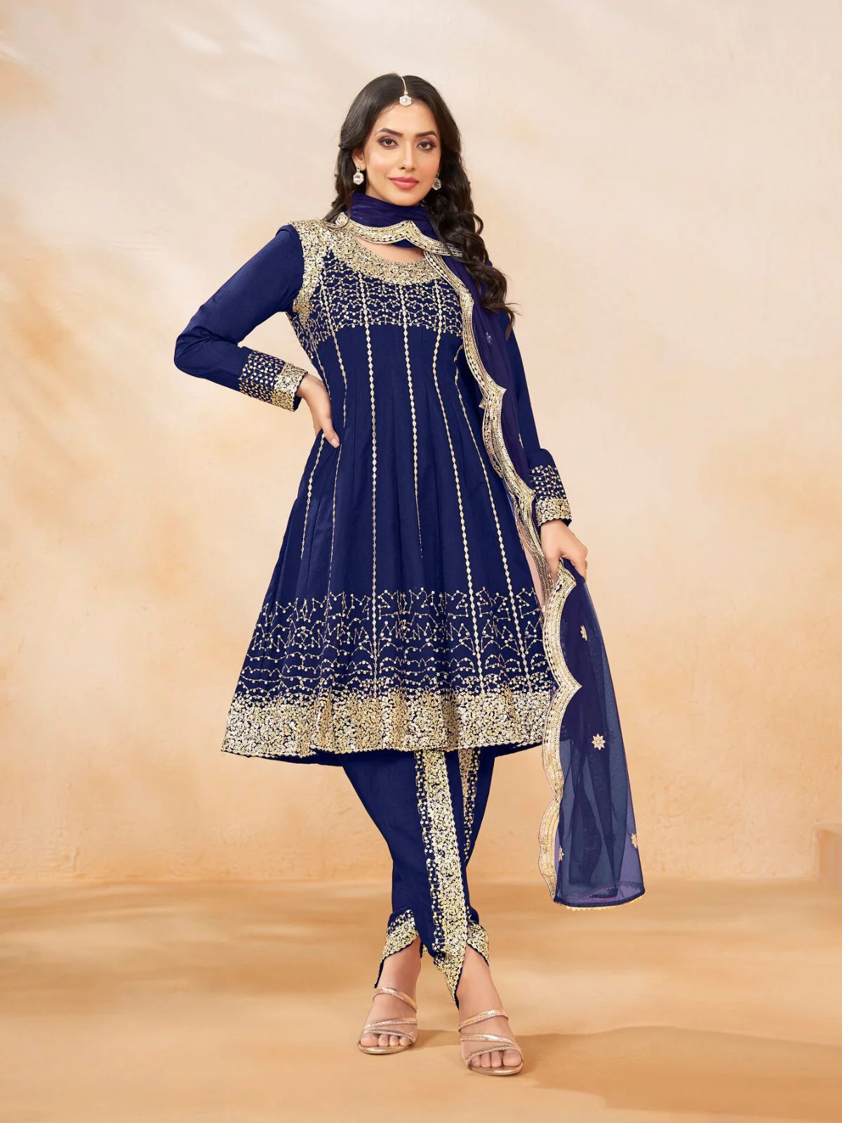 Odette Navy Blue Art Silk Embellished Semi Stitched Kurta Set For Women - Image 3