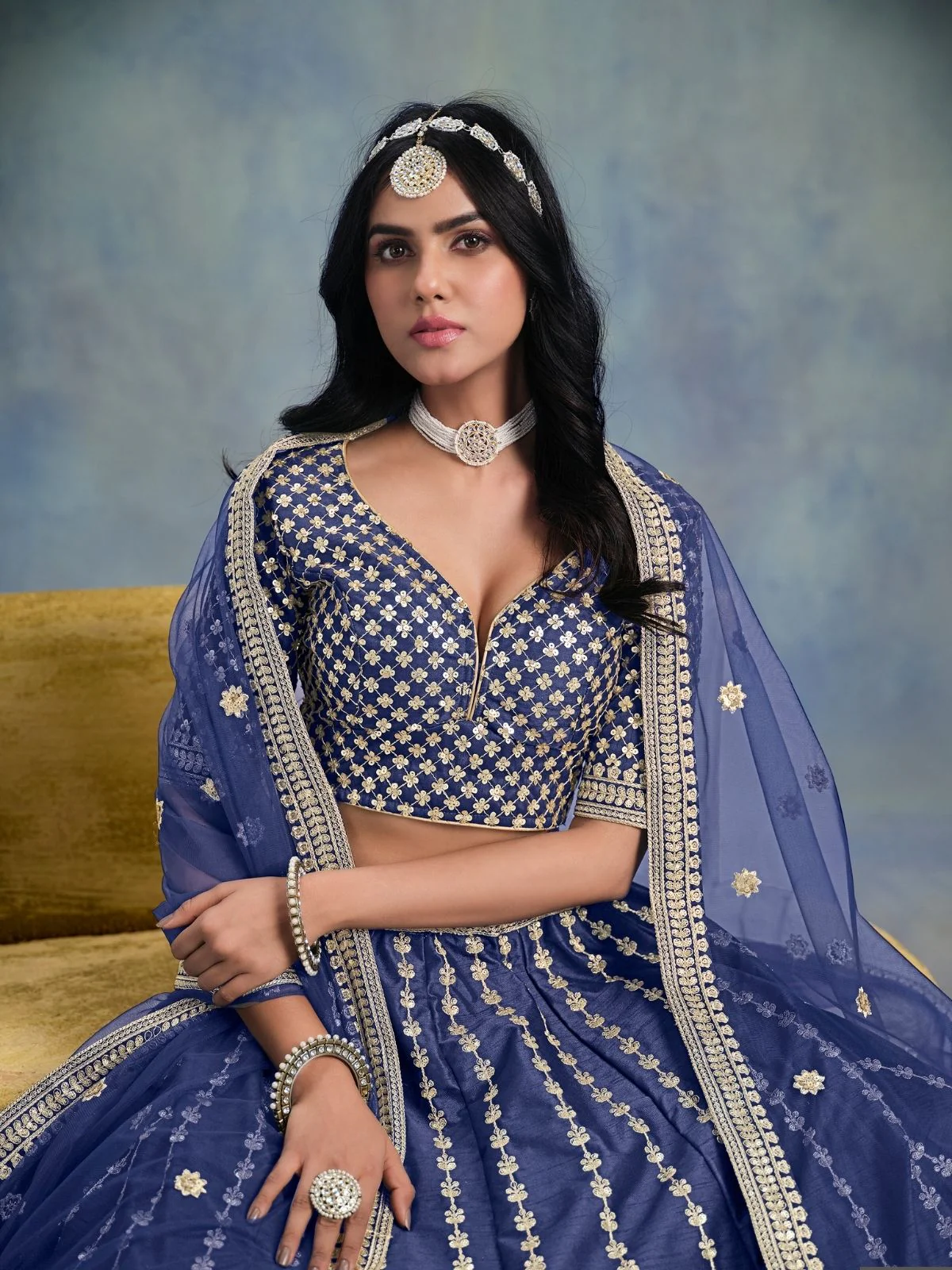 Odette Navy Blue Art Silk Embellished Semi-Stitched lehenga For Women - Image 3