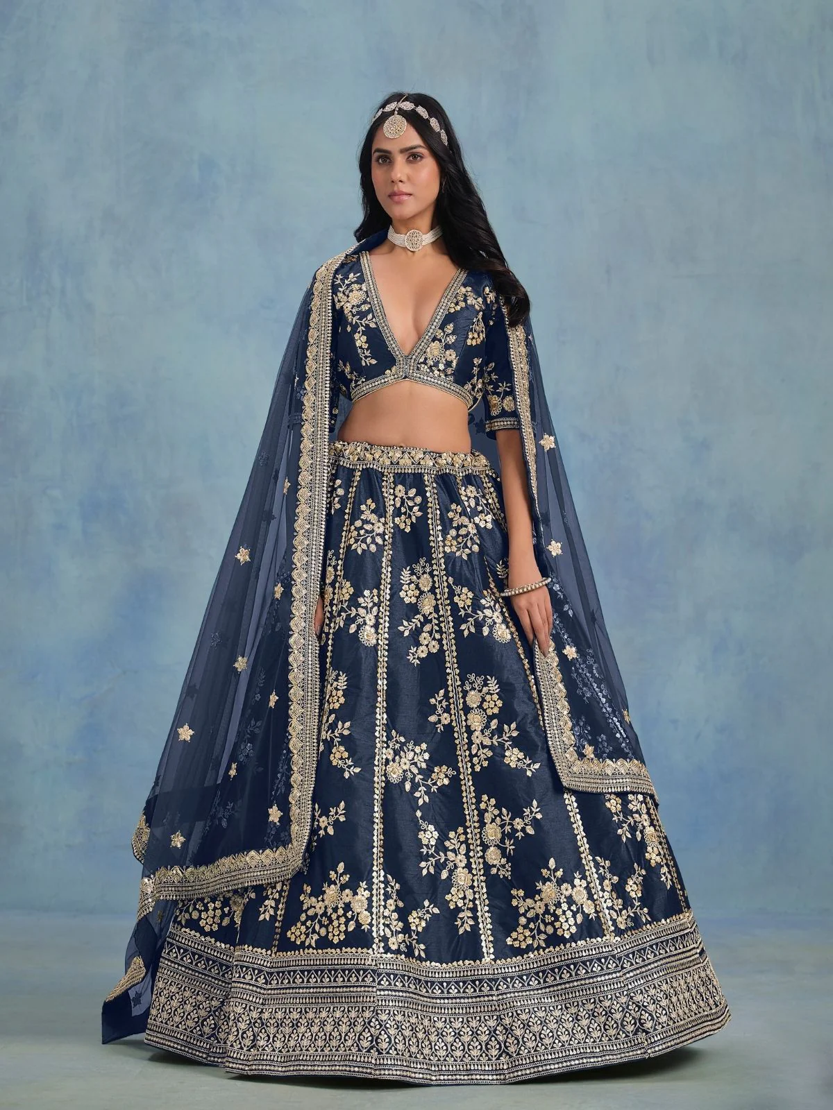 Odette Navy Blue Art Silk Embroidered Semi-Stitched lehenga For Women - Image 2