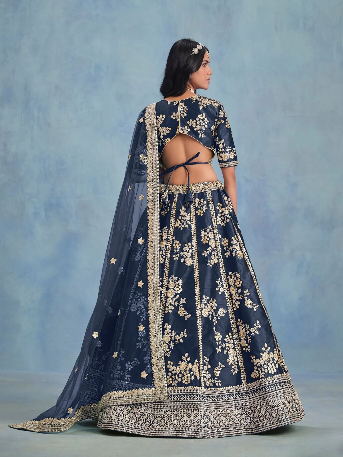 Odette Navy Blue Art Silk Embroidered Semi-Stitched lehenga For Women - Image 3