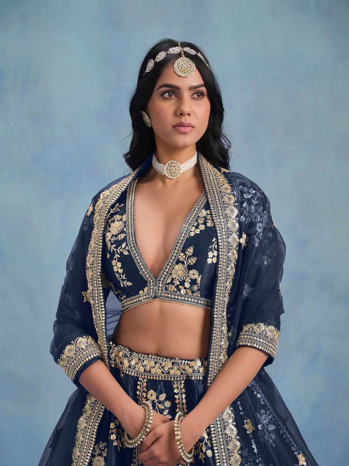 Odette Navy Blue Art Silk Embroidered Semi-Stitched lehenga For Women - Image 4