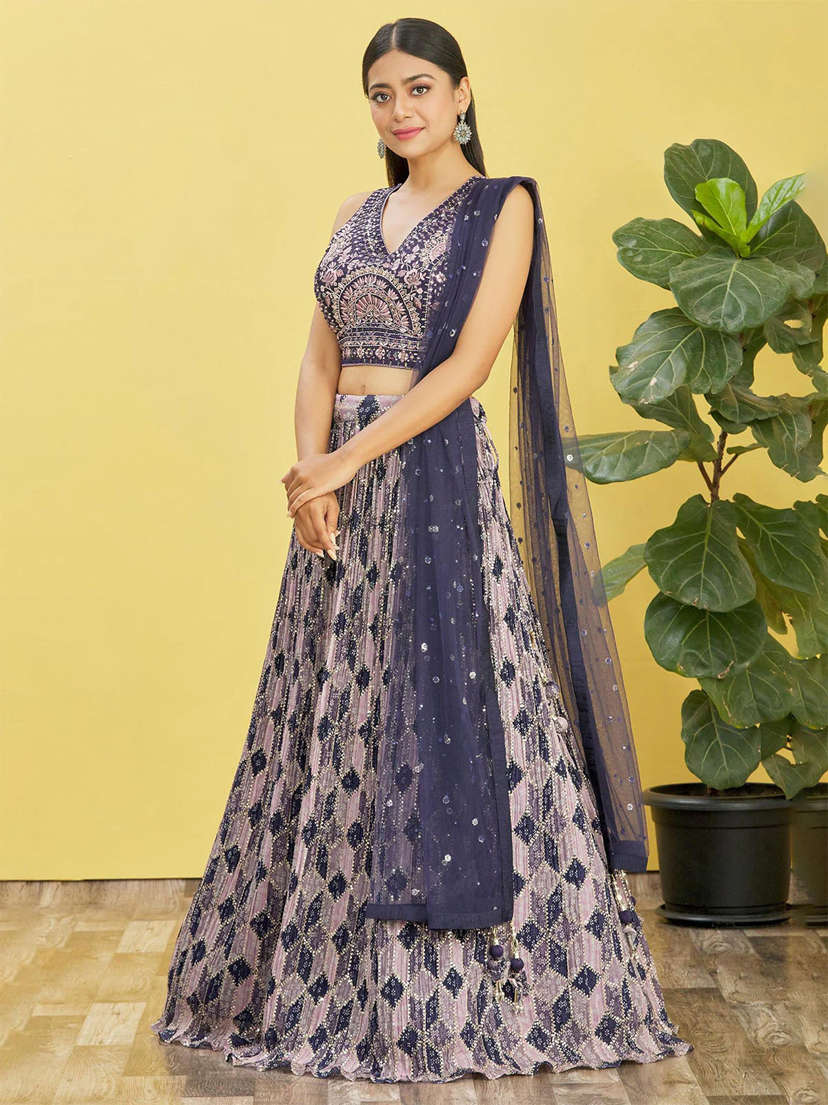 Odette Navy Blue Chinon Embellished Semi Stitched Lehenga With Unstitched Blouse For Women - Image 2