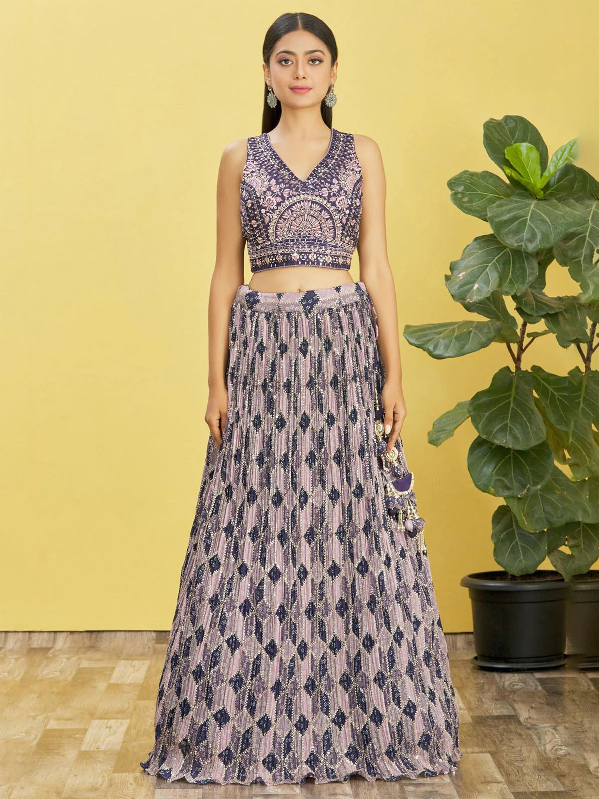 Odette Navy Blue Chinon Embellished Semi Stitched Lehenga With Unstitched Blouse For Women - Image 3