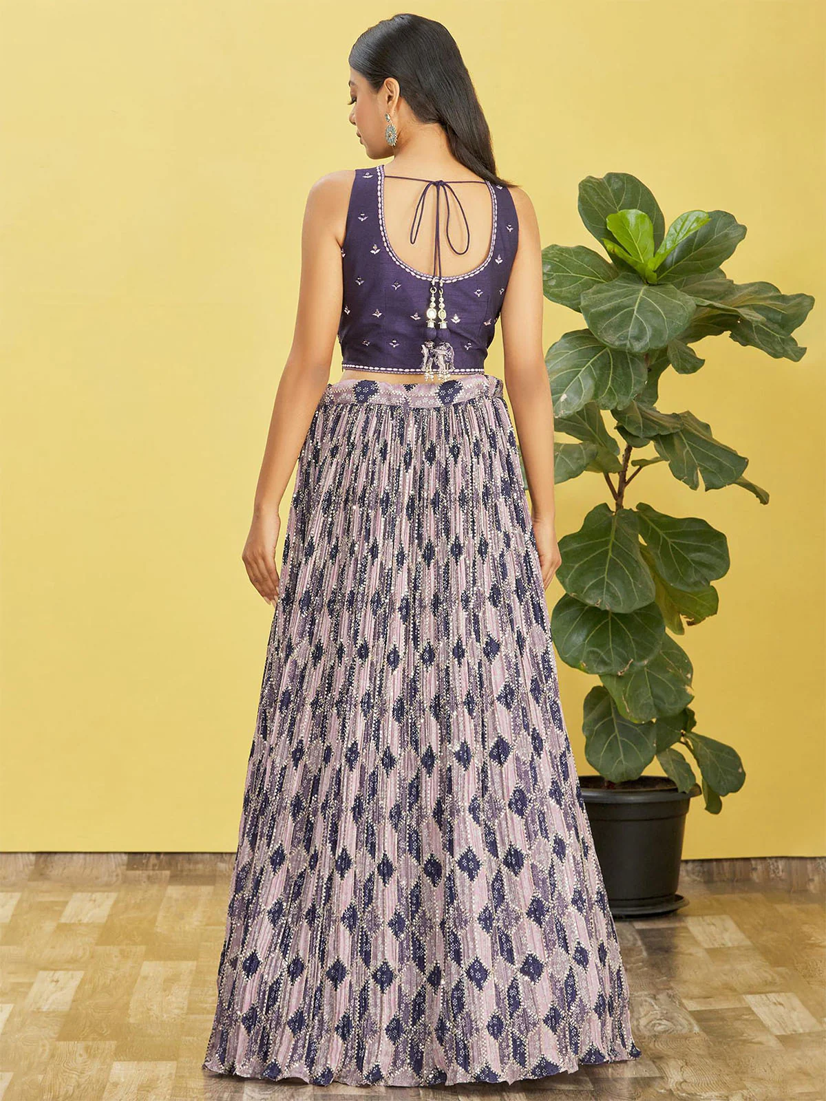 Odette Navy Blue Chinon Embellished Semi Stitched Lehenga With Unstitched Blouse For Women - Image 4