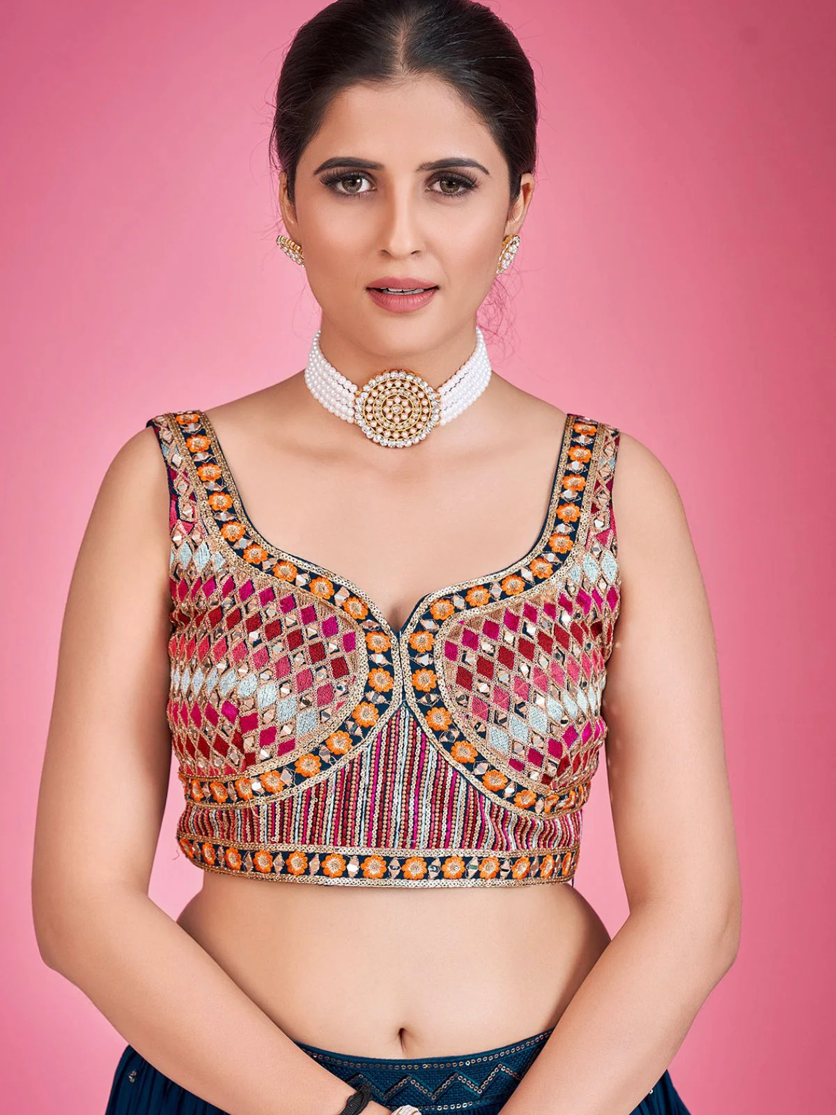 Odette Navy Blue Georgette Embellished  Stitched Lehenga Set  For Women - Image 3