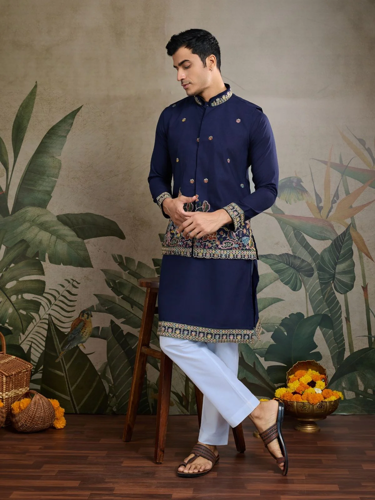 Odette Navy Blue Cotton Blend Embroidered Stitched Kurta For Men - Image 2