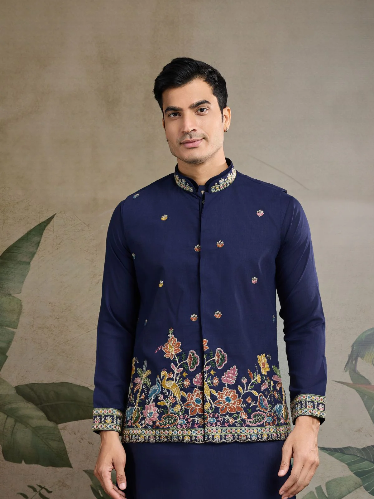 Odette Navy Blue Cotton Blend Embroidered Stitched Kurta For Men - Image 6