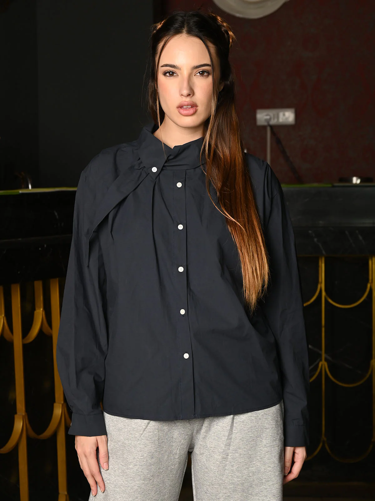 Odette Navy Blue Cotton Solid Tie Up Shirt For Women - Image 2
