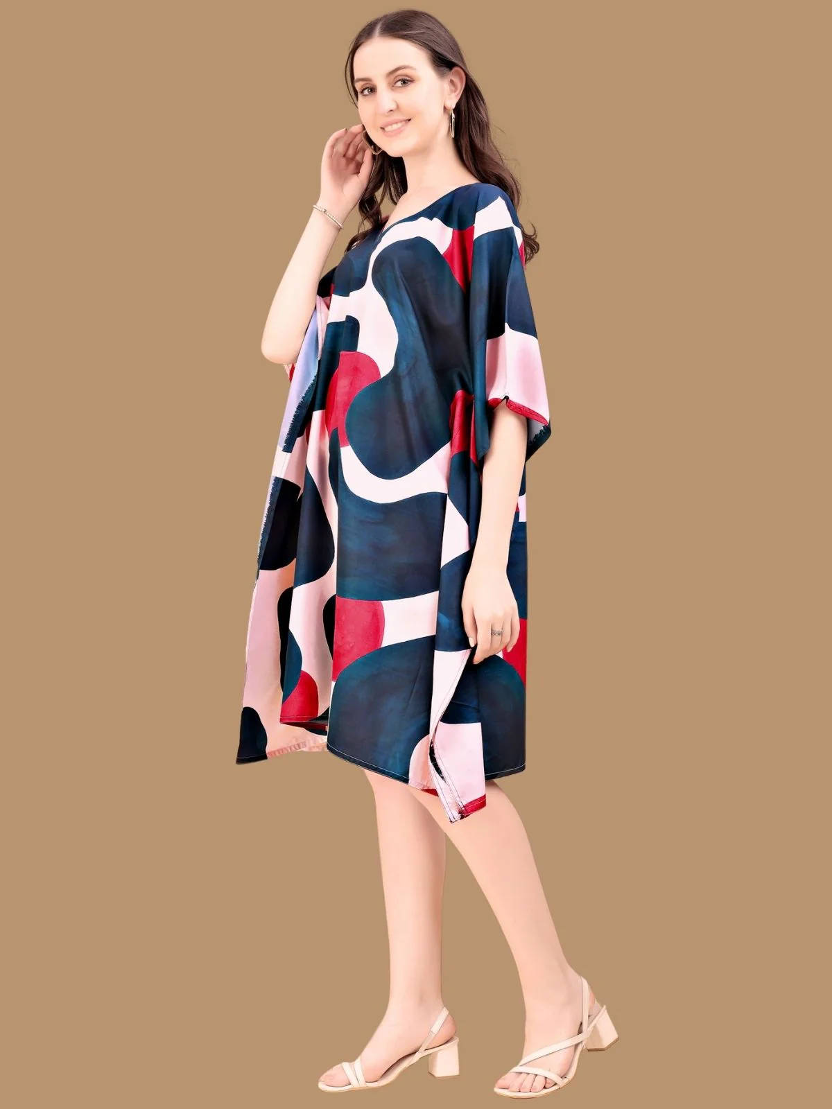 Odette Navy Blue Crepe Printed Kaftan For Women - Image 2