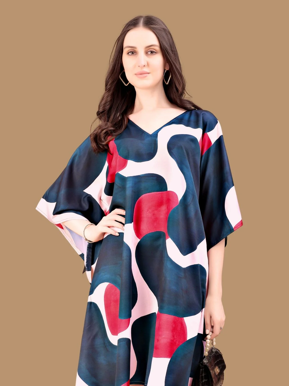 Odette Navy Blue Crepe Printed Kaftan For Women - Image 4