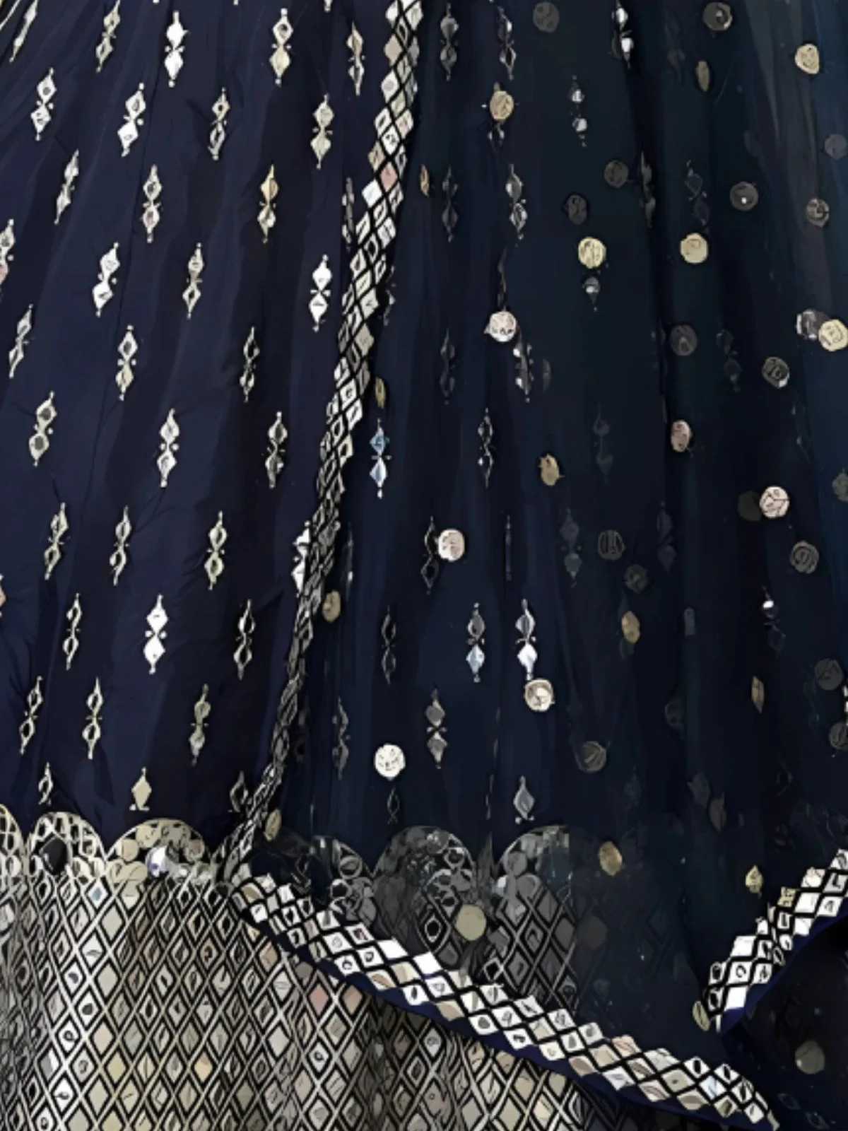 Odette Navy Blue Dola Silk Embellished Semi-Stitched Lehenga For Women - Image 4