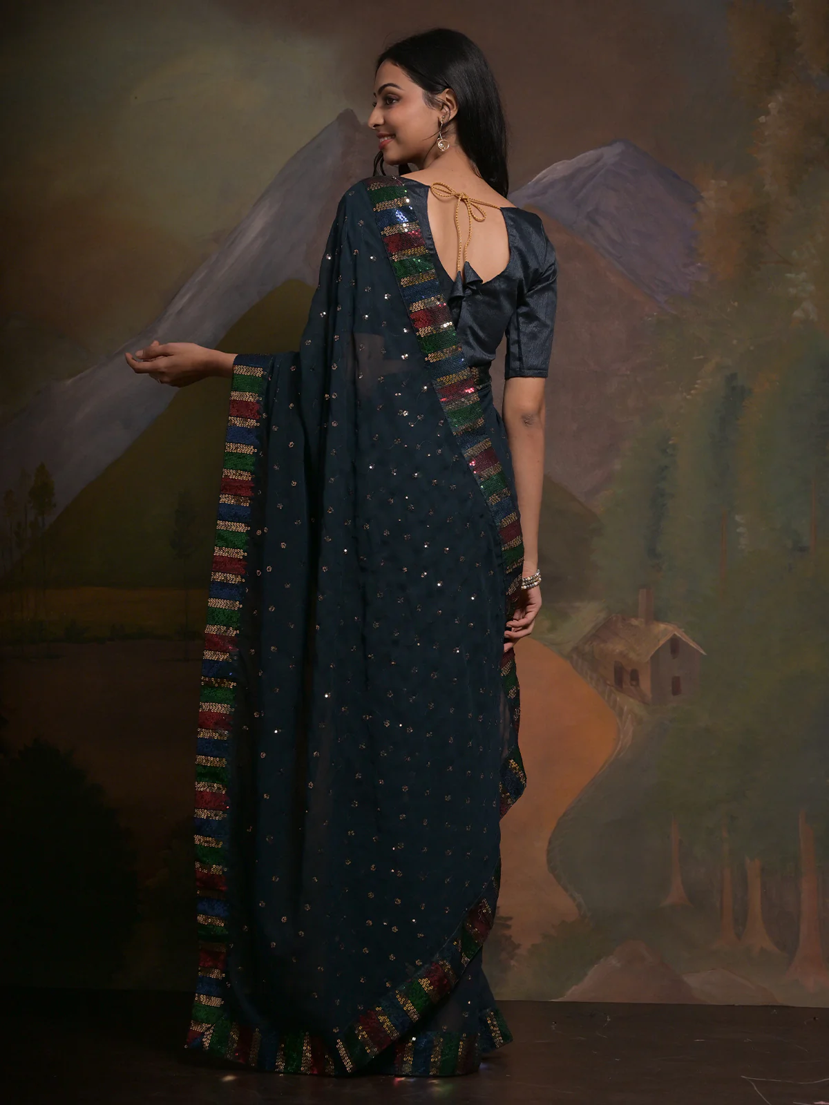 Odette Navy Blue Embellished Georgette Saree With Unstitched Blouse For Women - Image 4