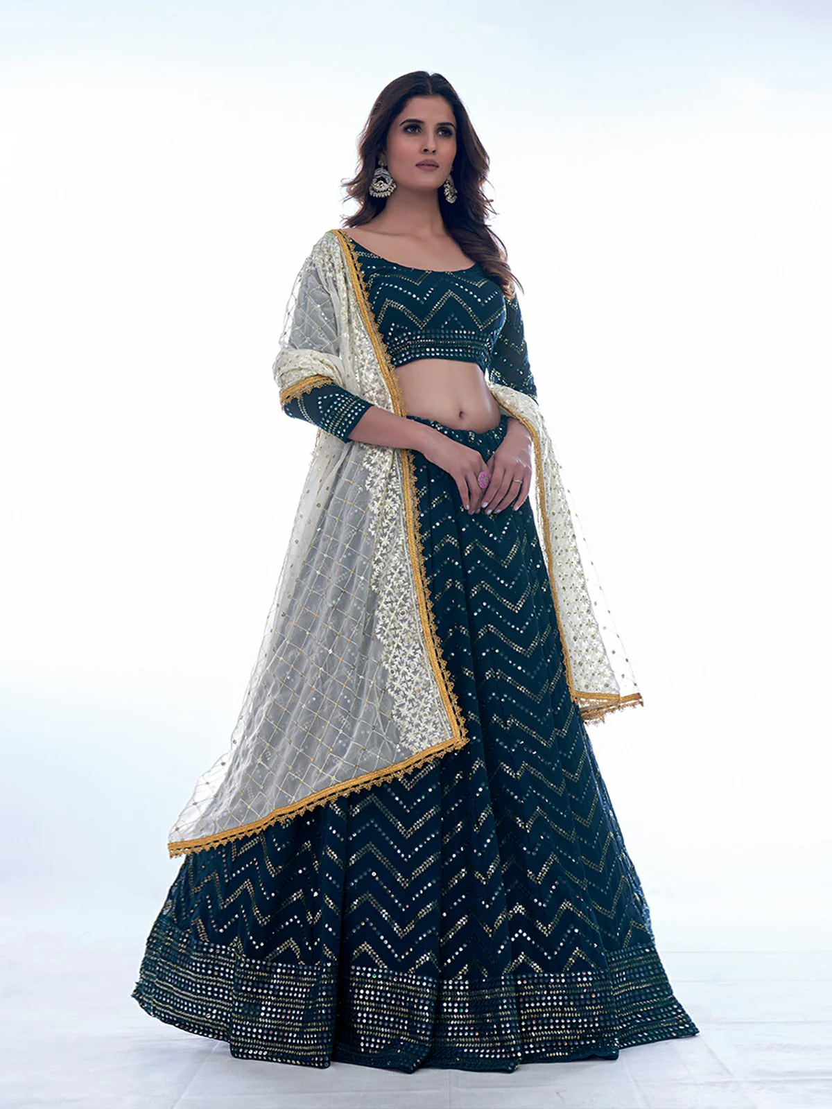 Odette Navy Blue Embellished Georgette Semi Stitched Lehenga With Blouse For Women - Image 3