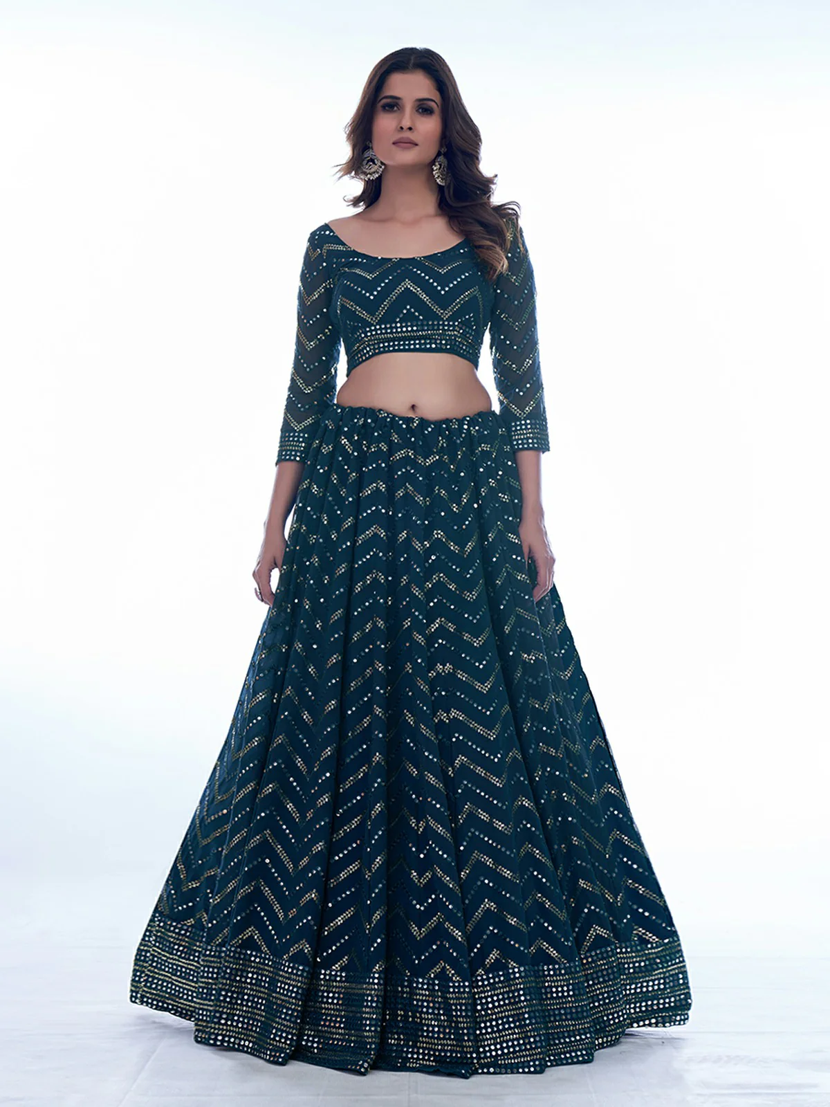 Odette Navy Blue Embellished Georgette Semi Stitched Lehenga With Blouse For Women - Image 4