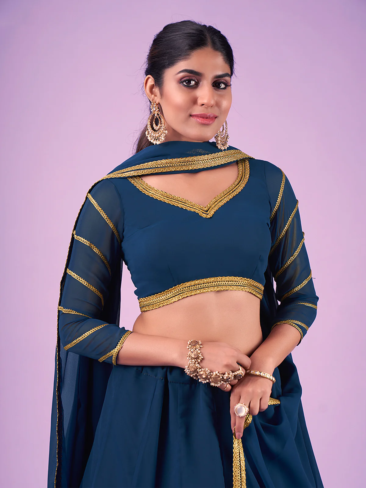 Odette Navy Blue Embellished Georgette Semi Stitched Lehenga With Blouse For Women - Image 5