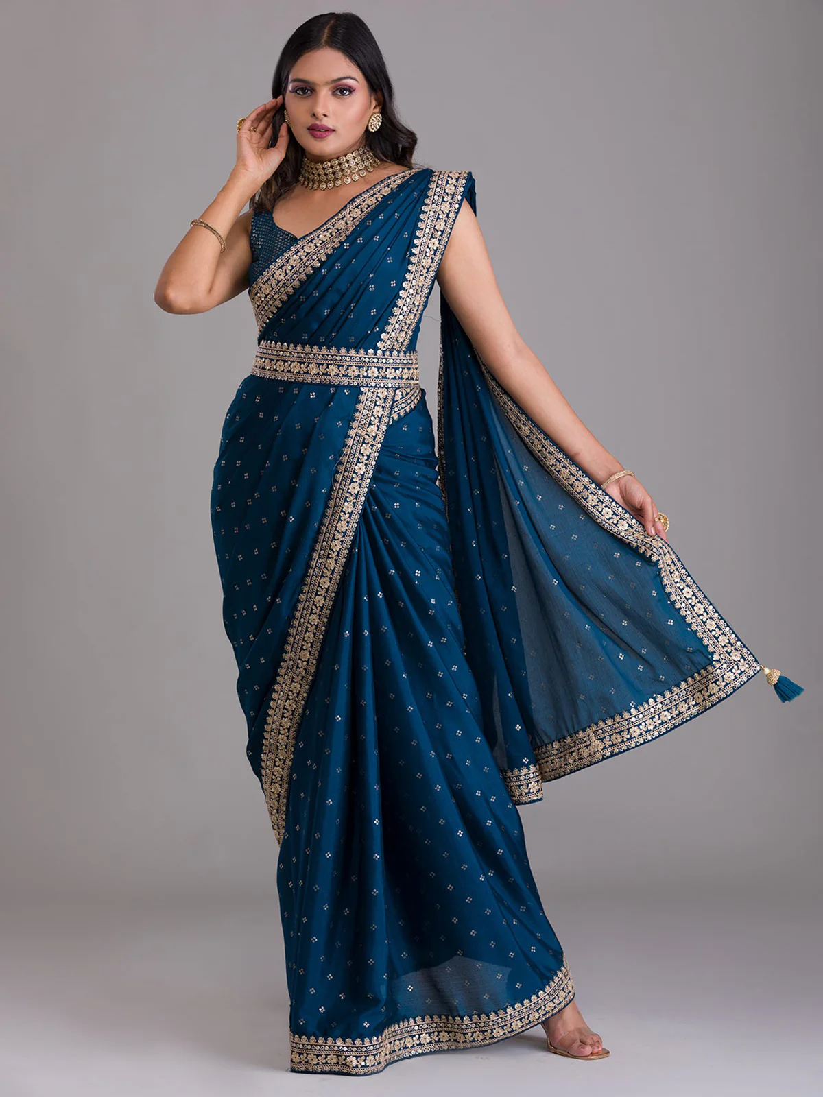 Odette Navy Blue Embroidered Art Silk Saree With Unstitched Blouse For Women - Image 2