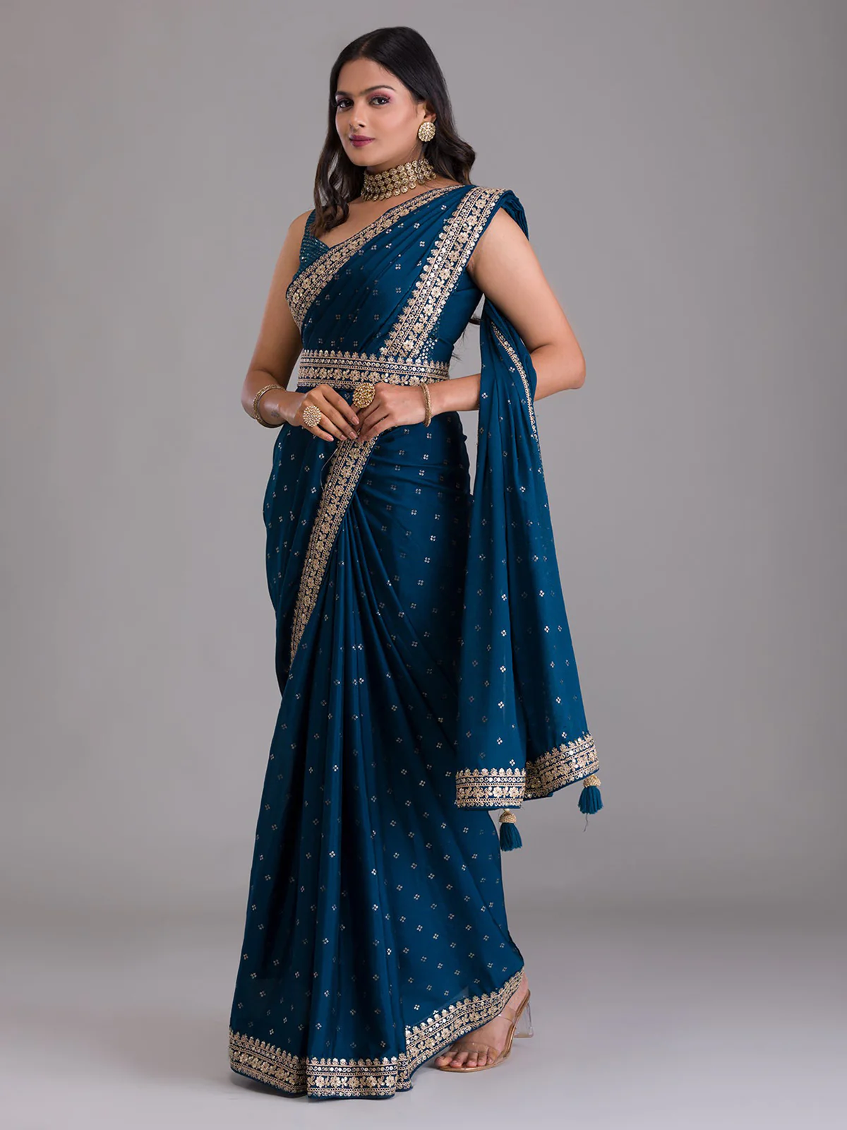 Odette Navy Blue Embroidered Art Silk Saree With Unstitched Blouse For Women - Image 3