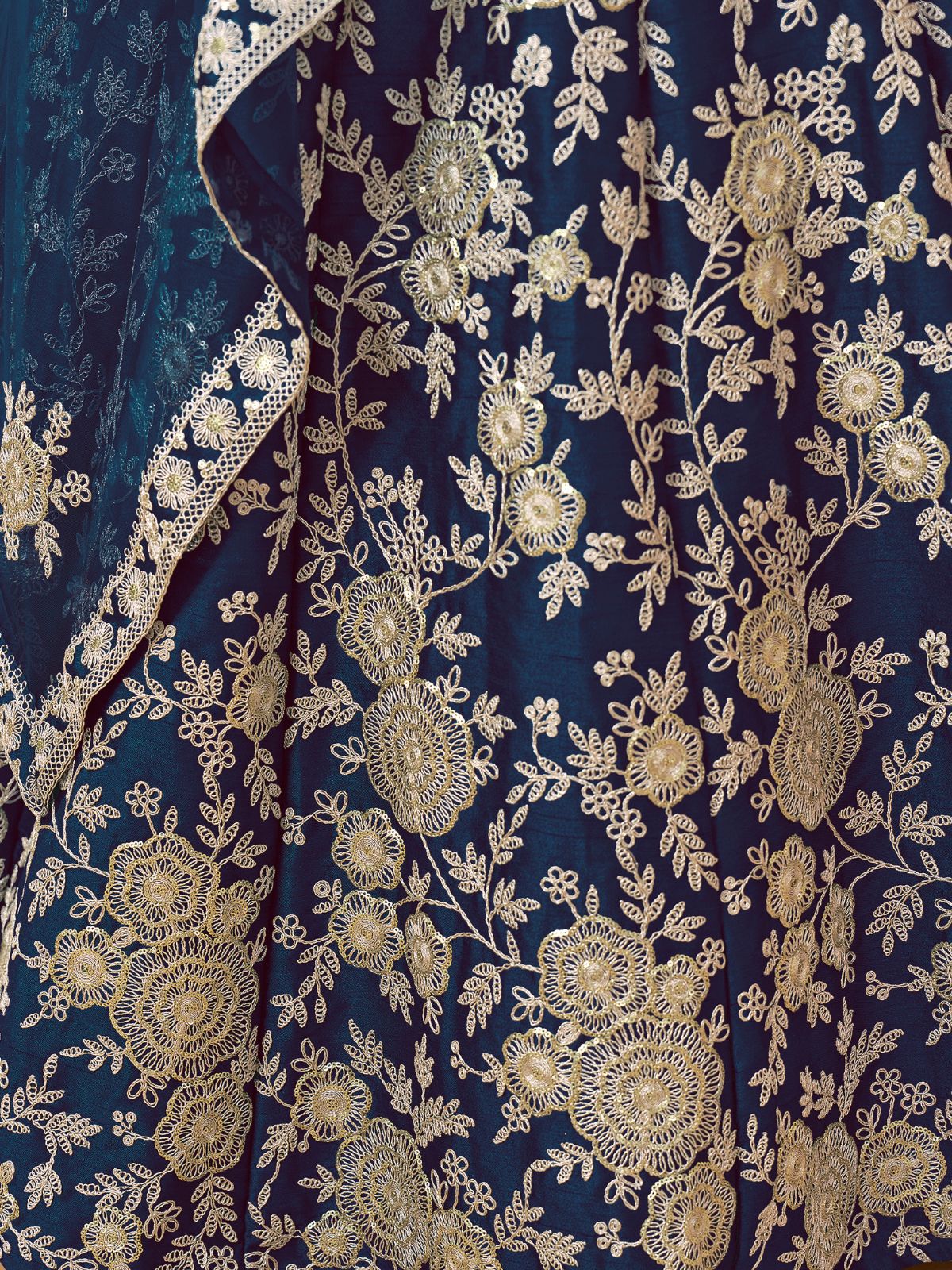 Odette Navy Blue Embroidered Art Silk Semi Stitched Lehenga With Unstitched Blouse For Women - Image 4