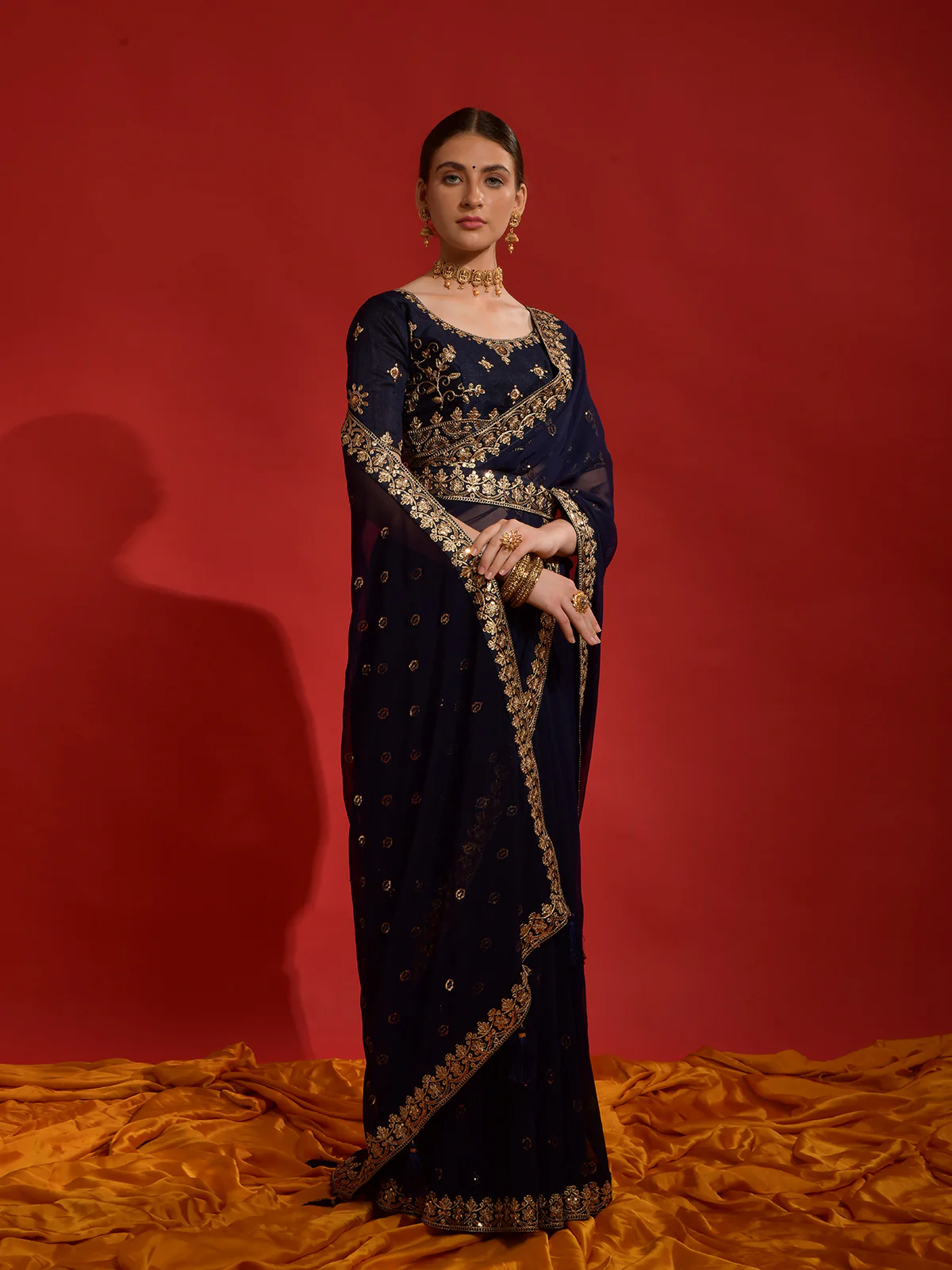 Odette Navy Blue Embroidered Georgette Saree With Unstitched Blouse For Women - Image 3
