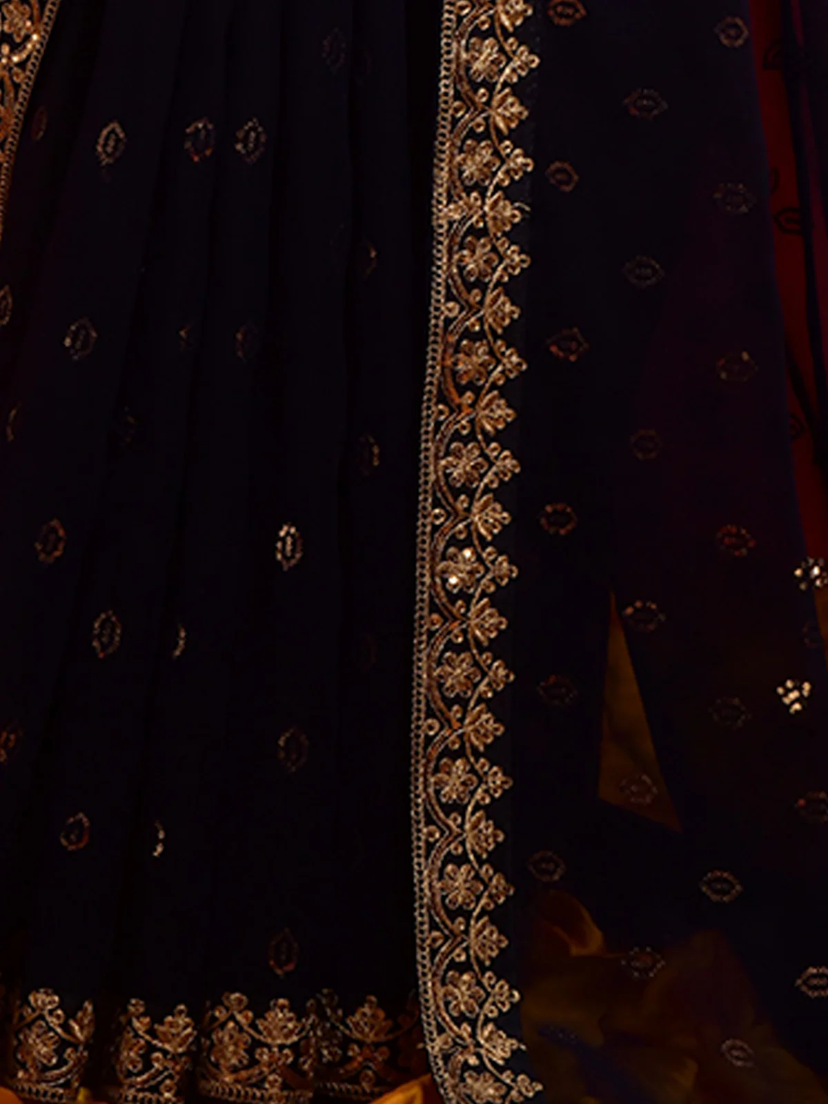 Odette Navy Blue Embroidered Georgette Saree With Unstitched Blouse For Women - Image 8