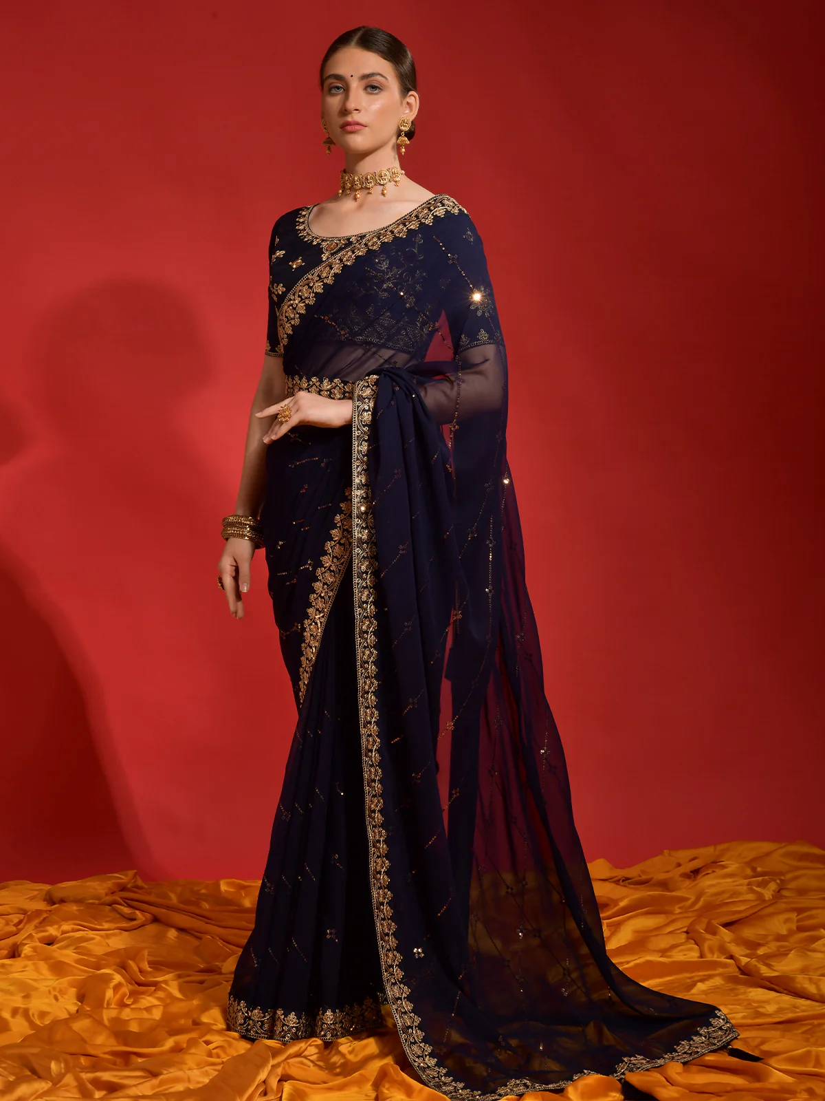Odette Navy Blue Embroidered Georgette Saree With Unstitched Blouse For Women - Image 3