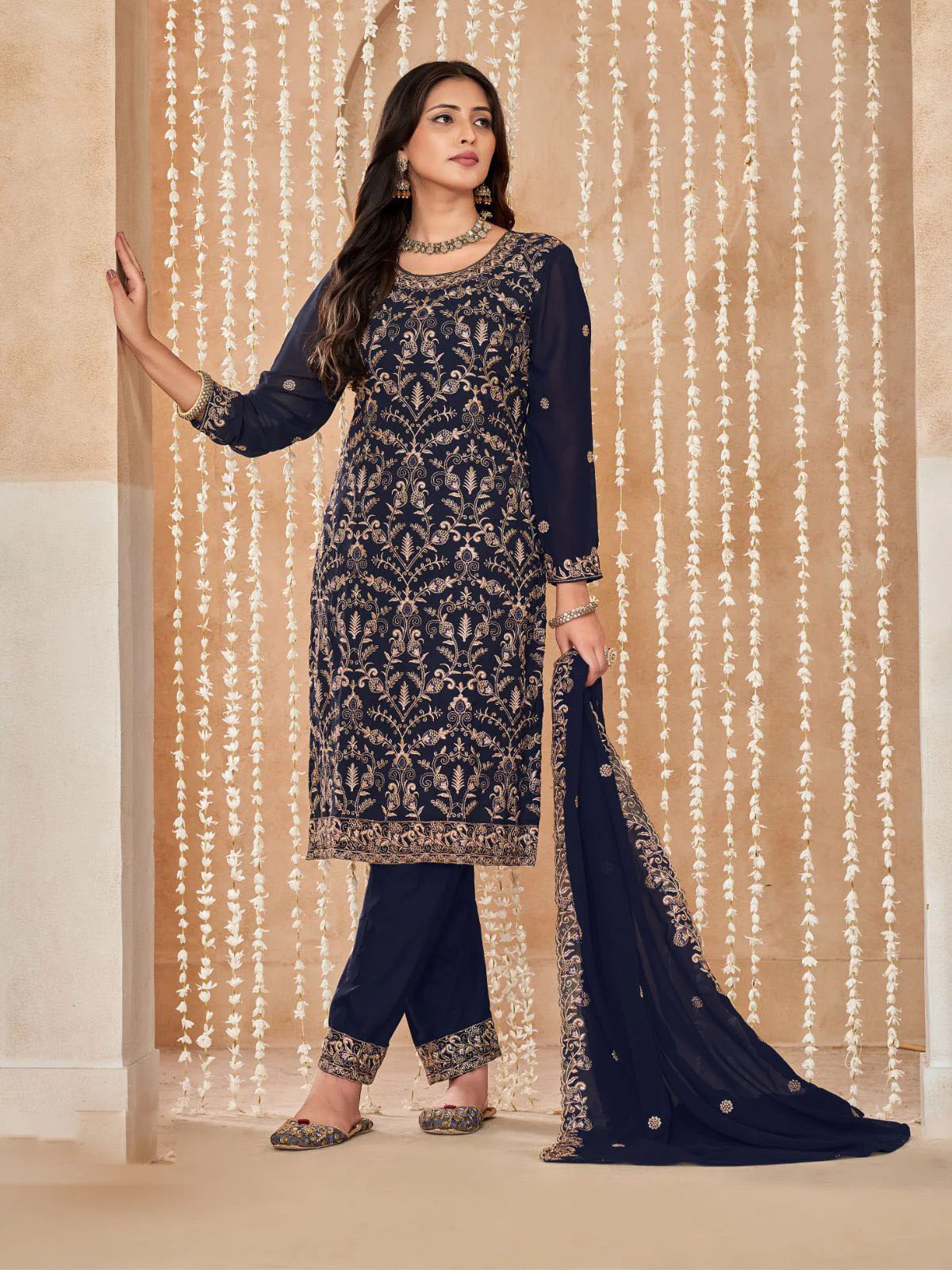Odette Navy Blue Embroidered Georgette Semi Stitched Kurta Set With Dupatta For Women - Image 2
