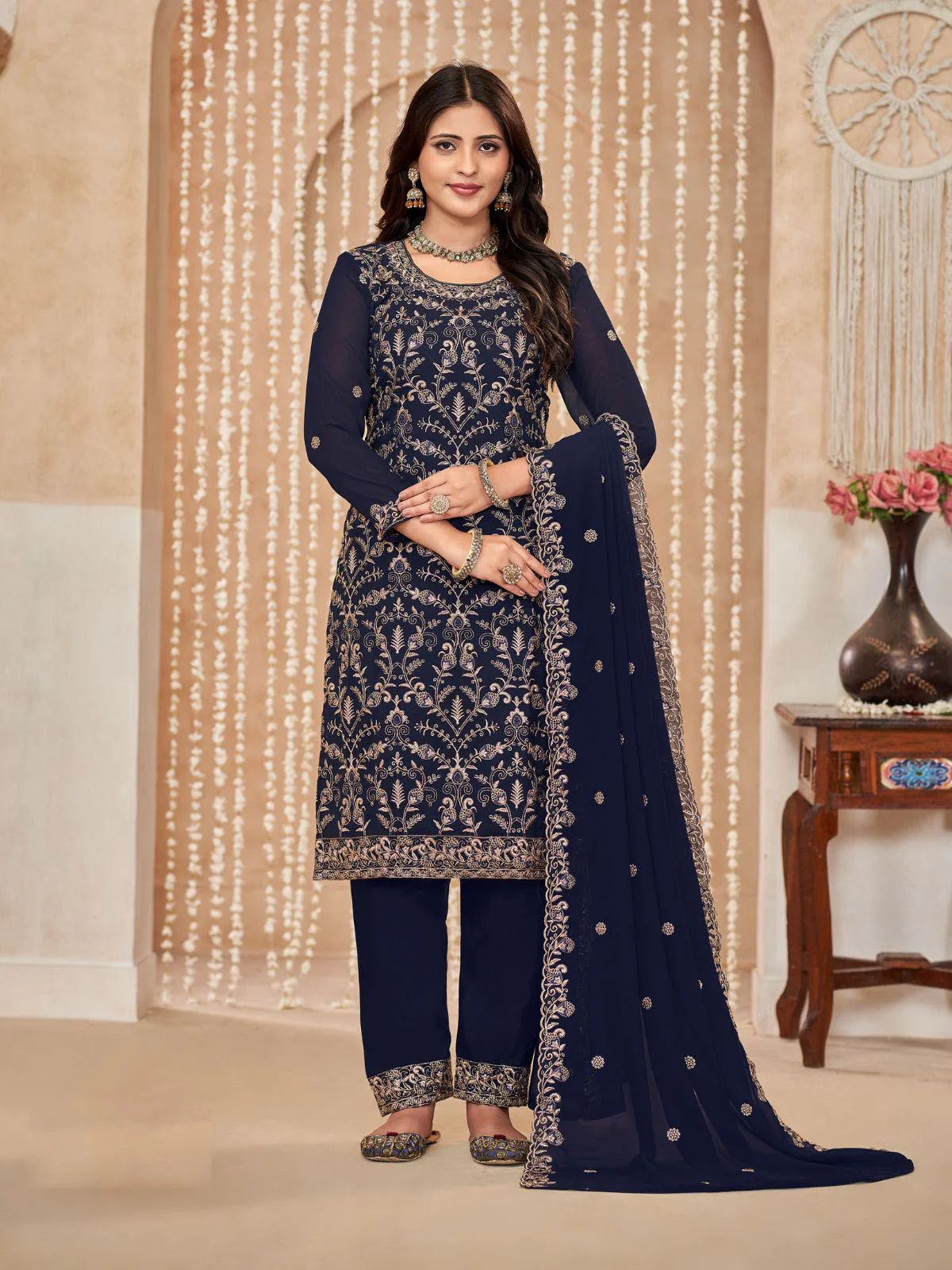 Odette Navy Blue Embroidered Georgette Semi Stitched Kurta Set With Dupatta For Women - Image 3