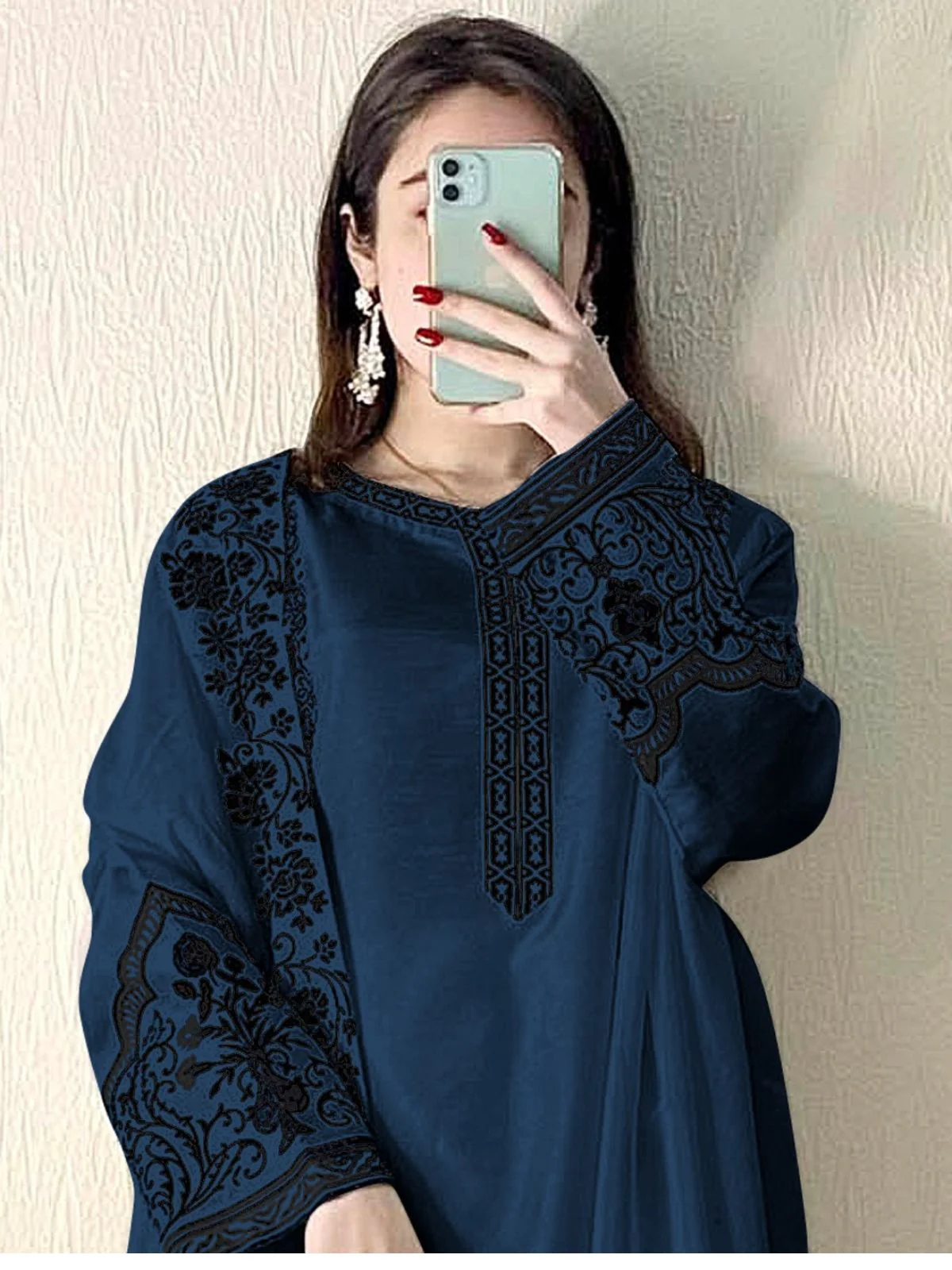 Odette Navy Blue Embroidered Georgette Semi Stitched Kurta Set with Dupatta For Women - Image 2