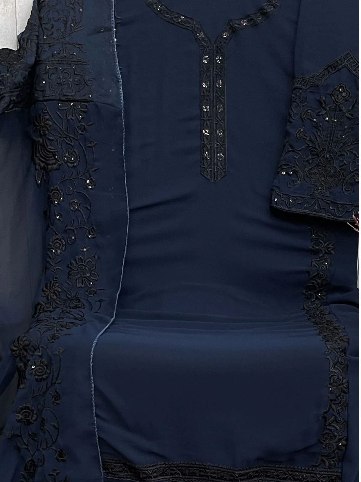 Odette Navy Blue Embroidered Georgette Semi Stitched Kurta Set with Dupatta For Women - Image 3