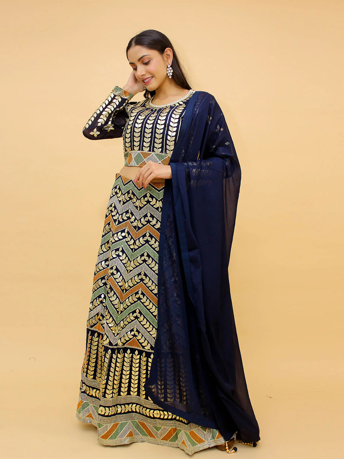 Odette Navy Blue Embroidered Georgette Stitched Lehenga With Blouse For Women - Image 2