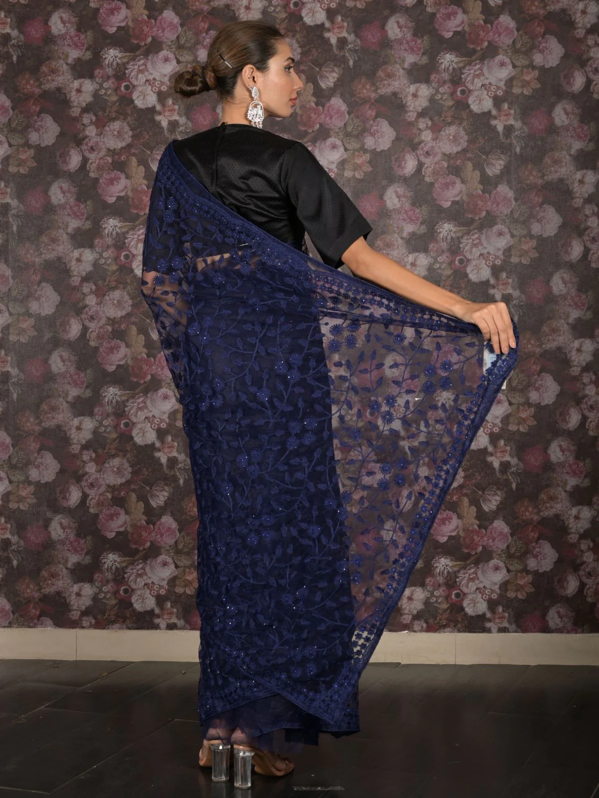Odette Navy Blue Embroidered Net Saree with Unstitched Blouse for Women - Image 4