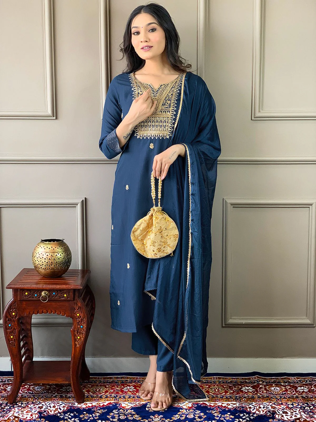 Odette Navy Blue Embroidered Rayon Stitched Kurta Salwar Set For Women - Image 2