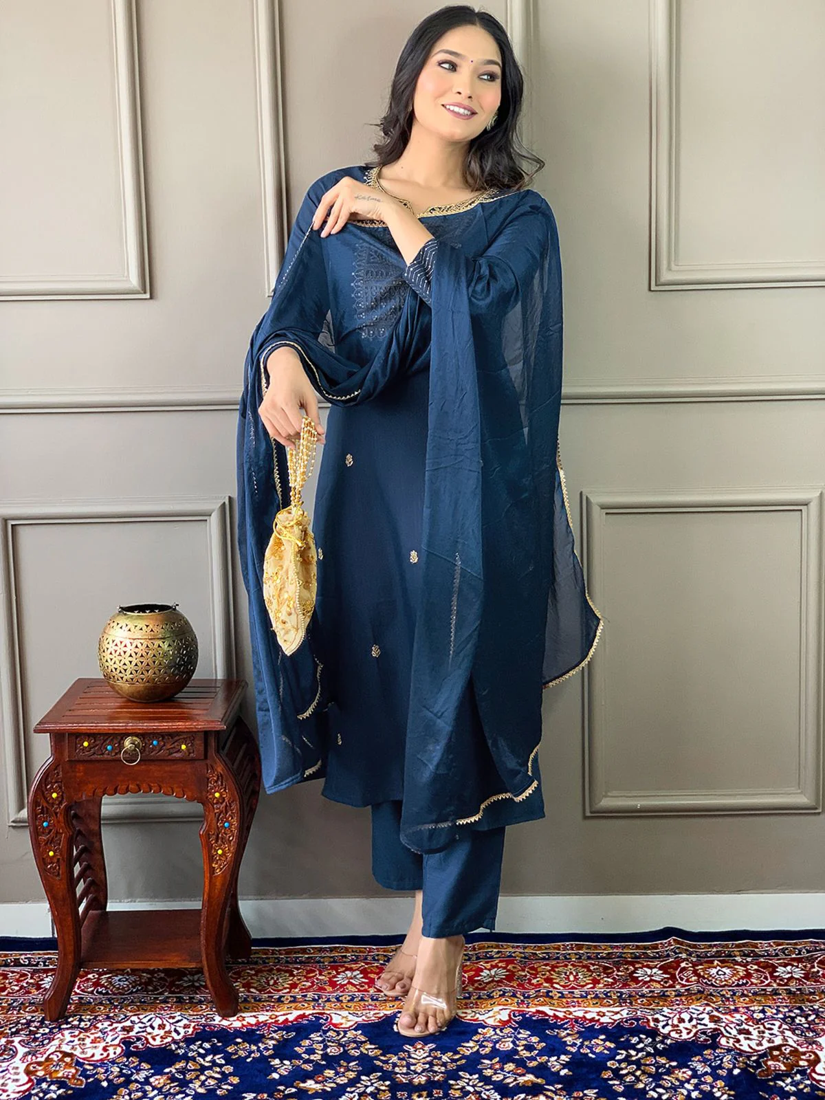 Odette Navy Blue Embroidered Rayon Stitched Kurta Salwar Set For Women - Image 3